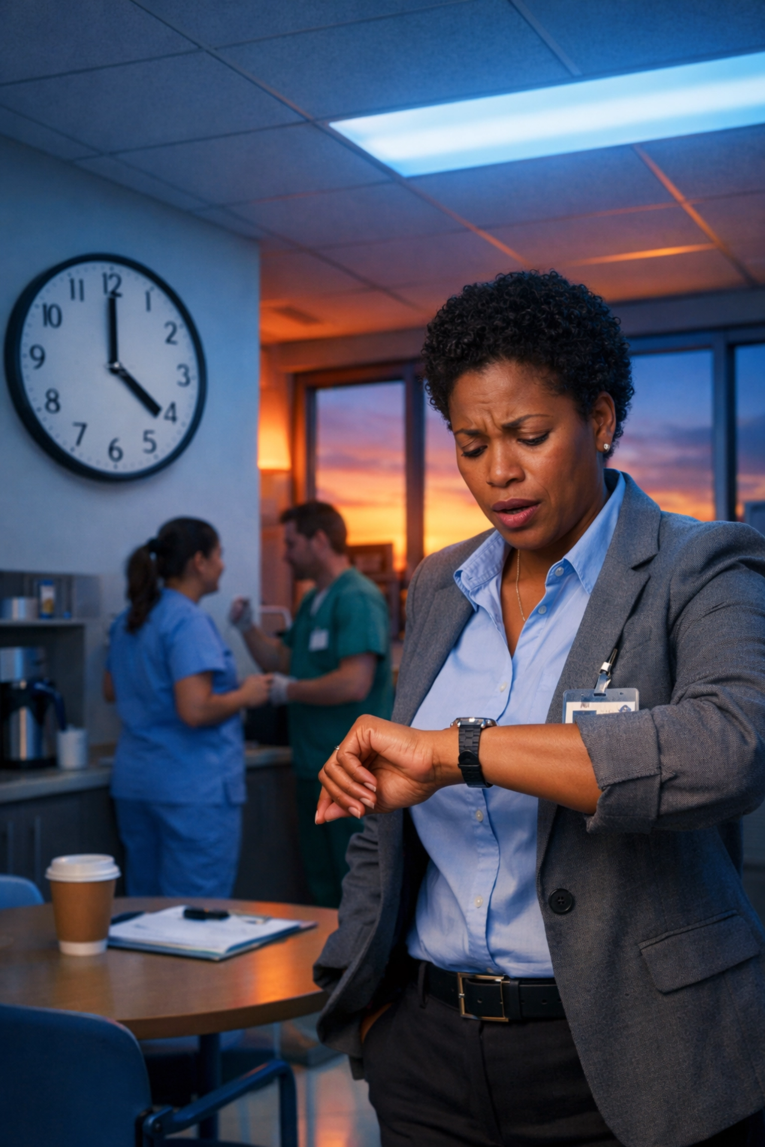 Hospital administrator managing urgent healthcare staffing needs during shift change