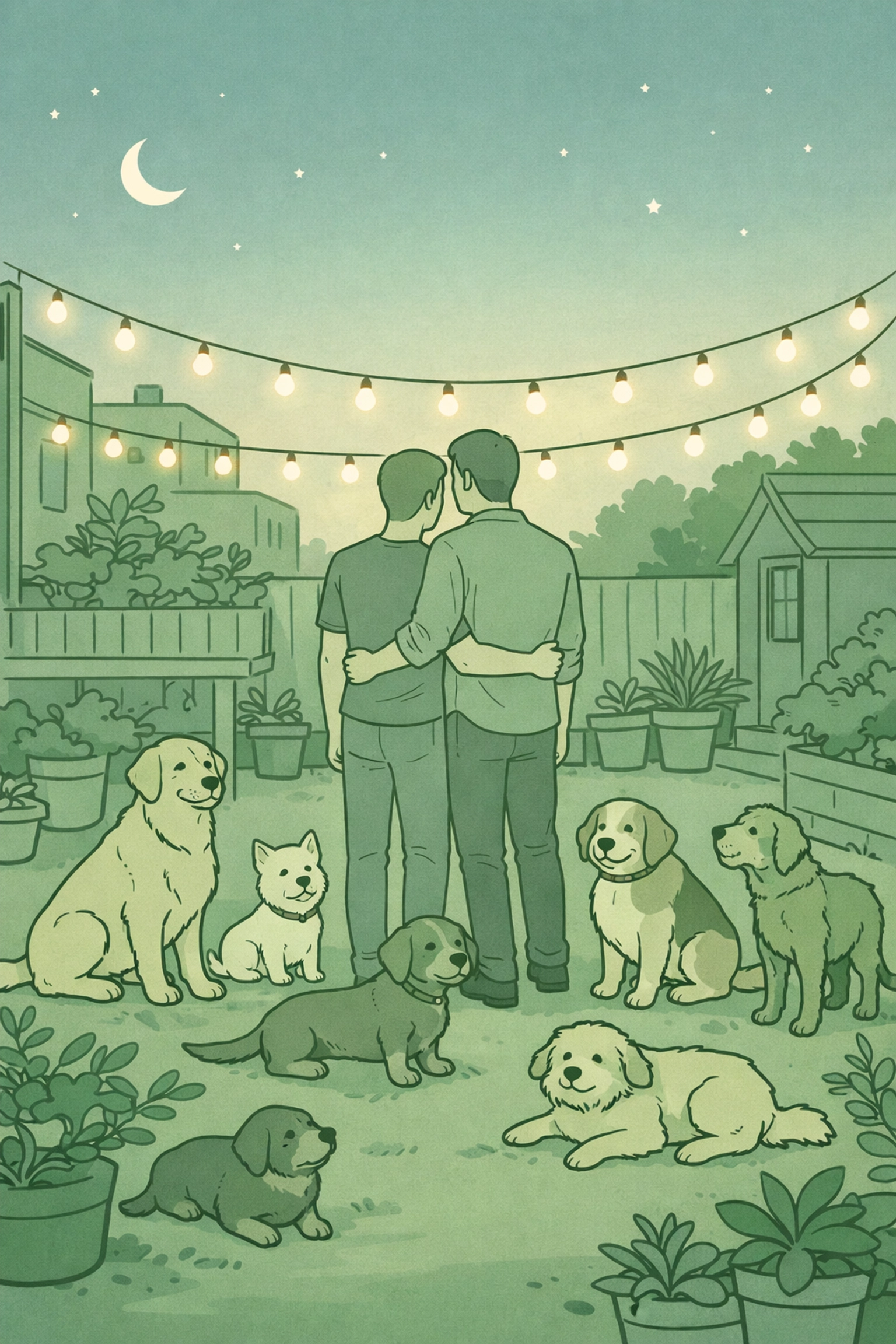Gay couple in garden with seven senior rescue dogs at peaceful twilight