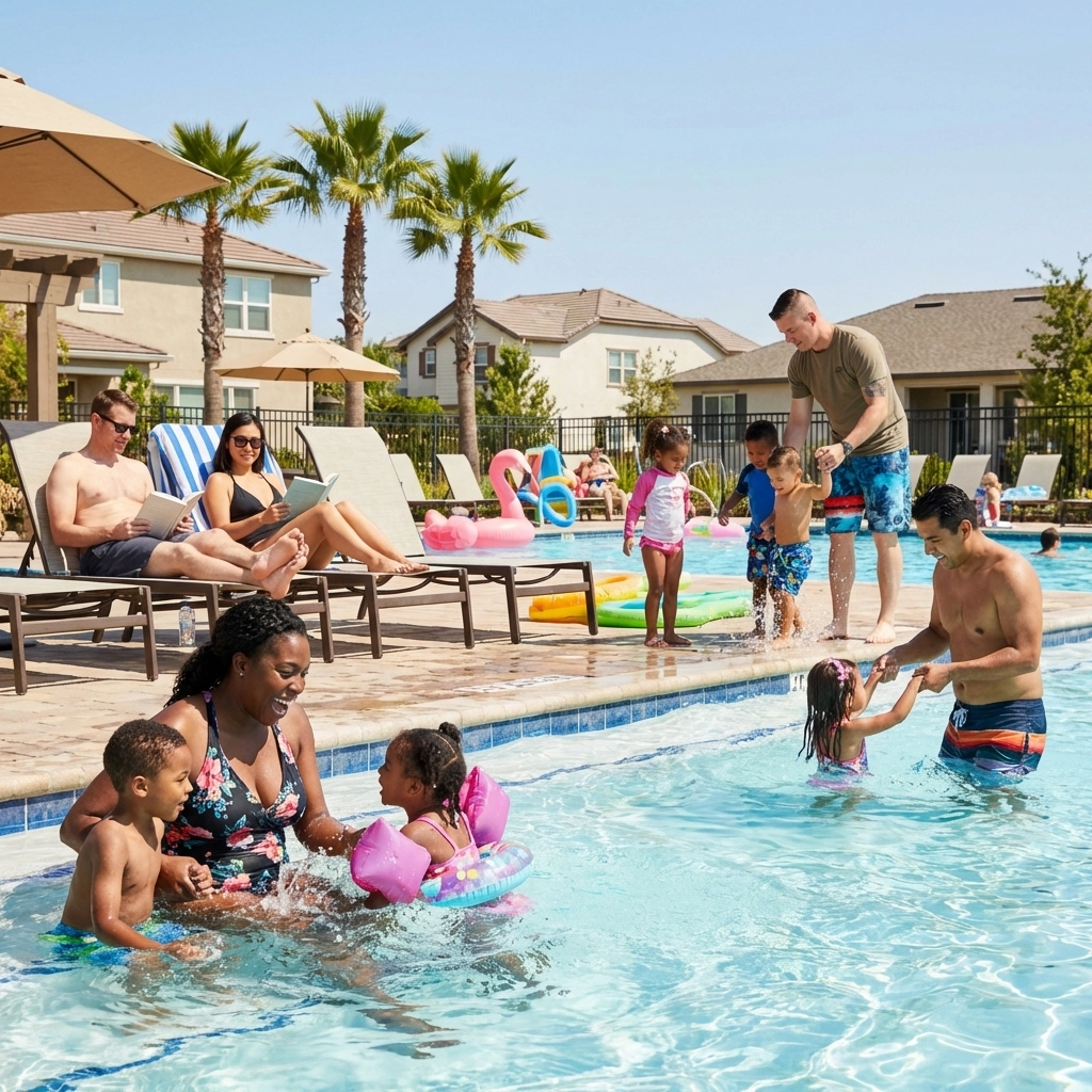 Families enjoying the community pool at Indian Lakes Virginia Beach neighborhood