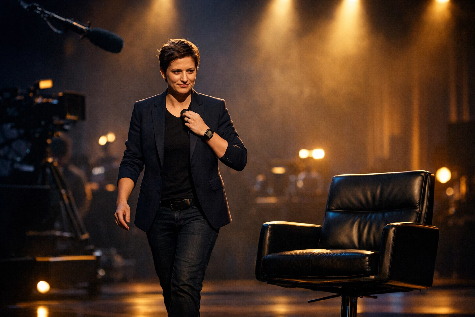 A visionary founder steps onto THE PLATFORM stage in a professional media studio, representing authority.