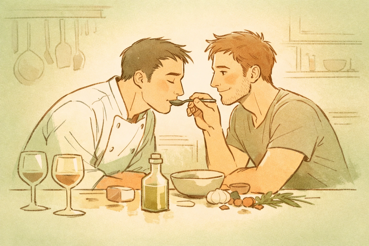 Two gay chefs sharing intimate tasting moment at kitchen table, embracing vulnerability