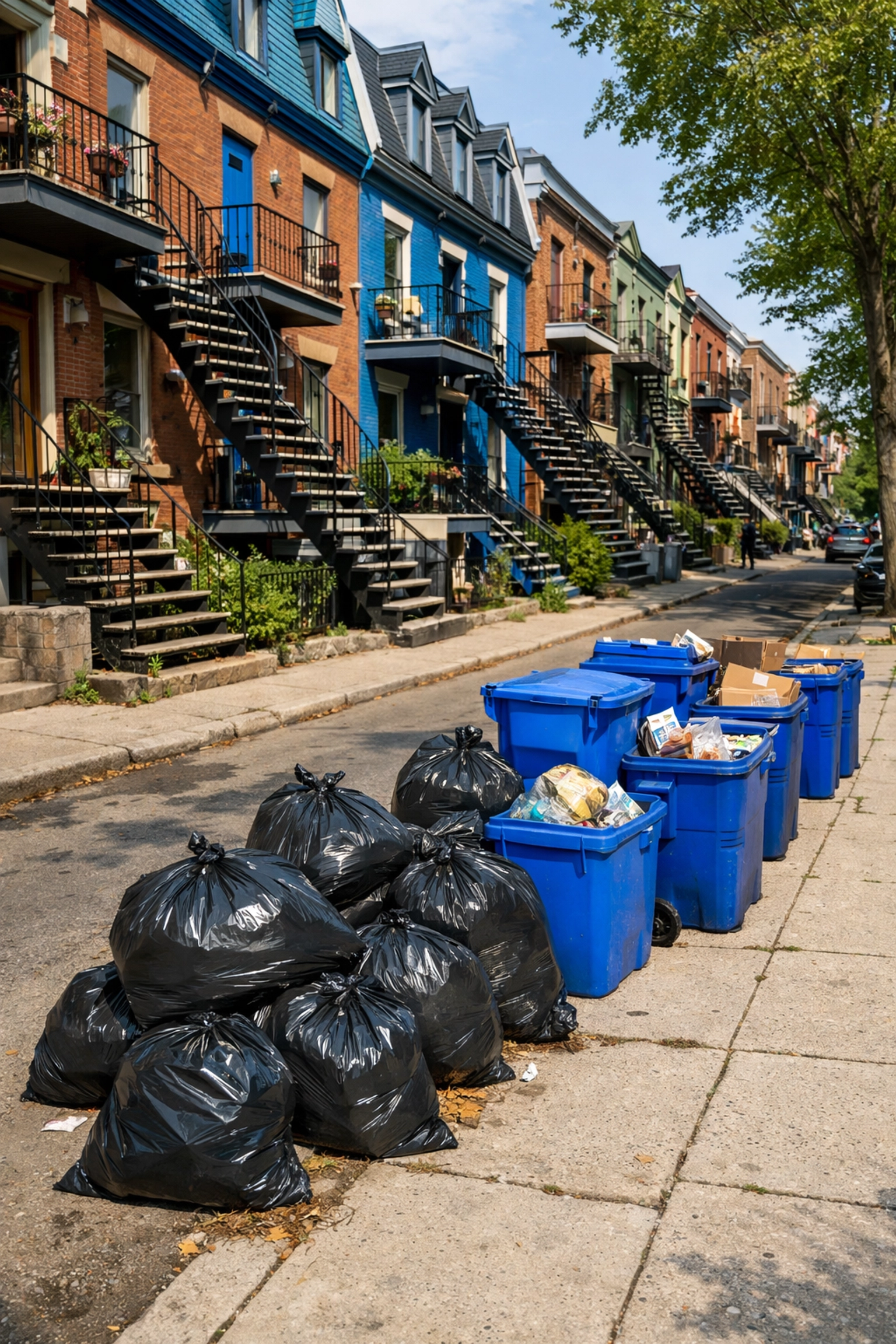 Ordures et bacs de recyclage non ramassés sur une rue du Plateau Mont-Royal pendant la grève.