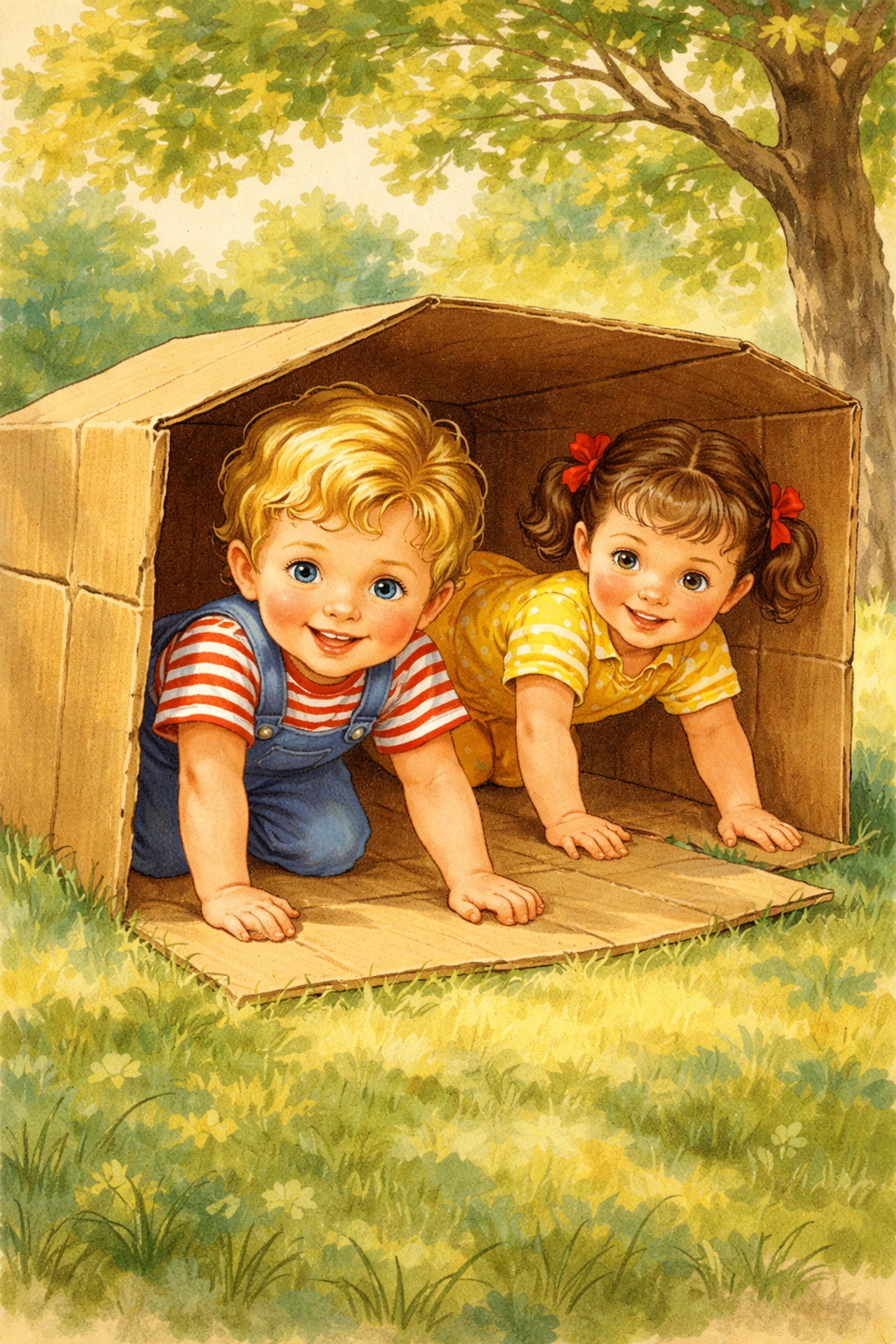 Two children crawl through a cardboard box tunnel on grass, part of a fun DIY backyard obstacle course