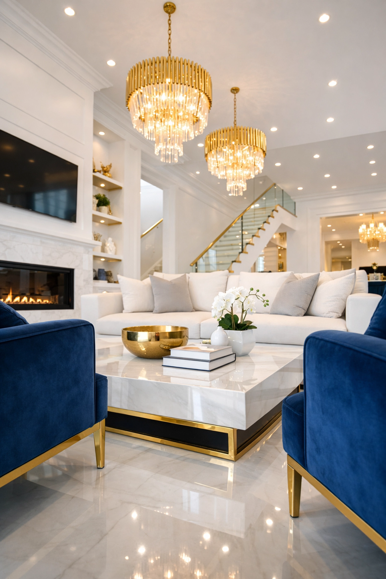 Spotless luxury living room with blue velvet armchairs cleaned by The Cleaning Ninjas professional service.