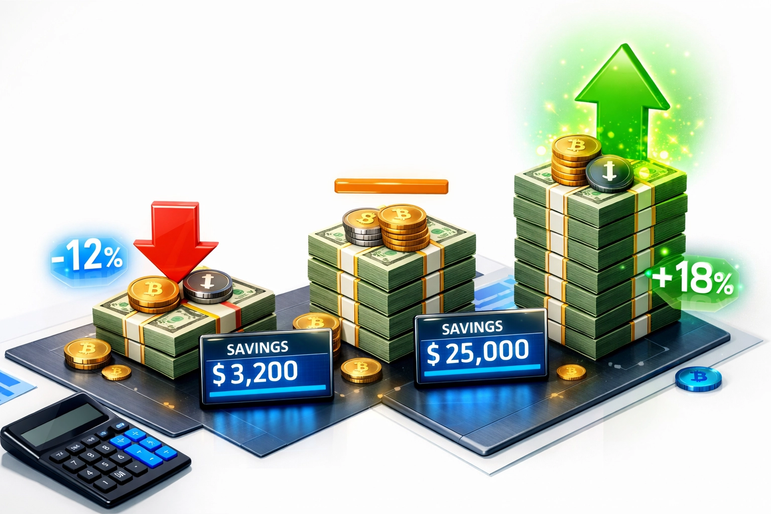 Growing stacks of cryptocurrency and cash illustrating merchant savings with lower processing fees