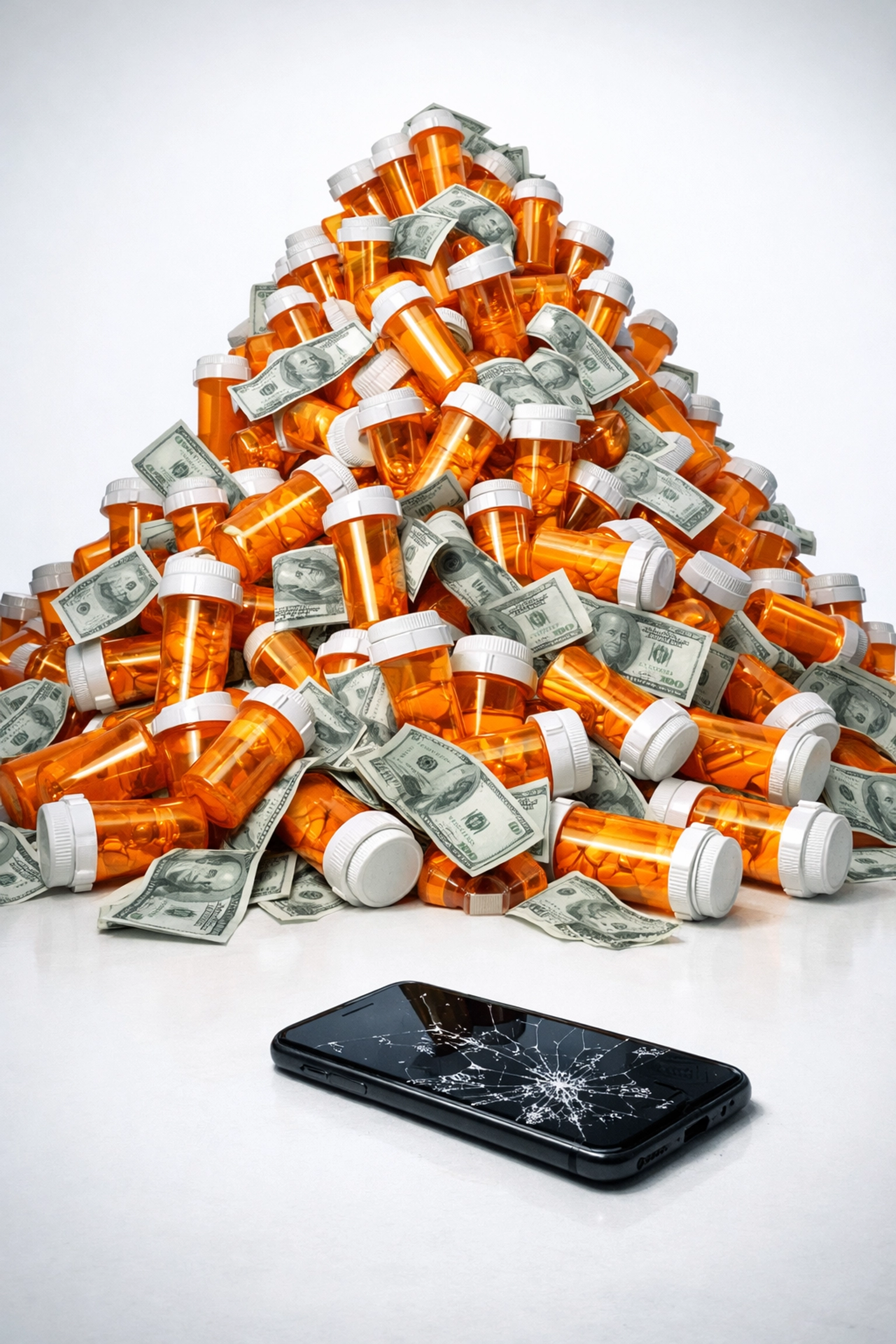 Prescription pill bottles with smartphone showing pharmaceutical industry's response to screen addiction