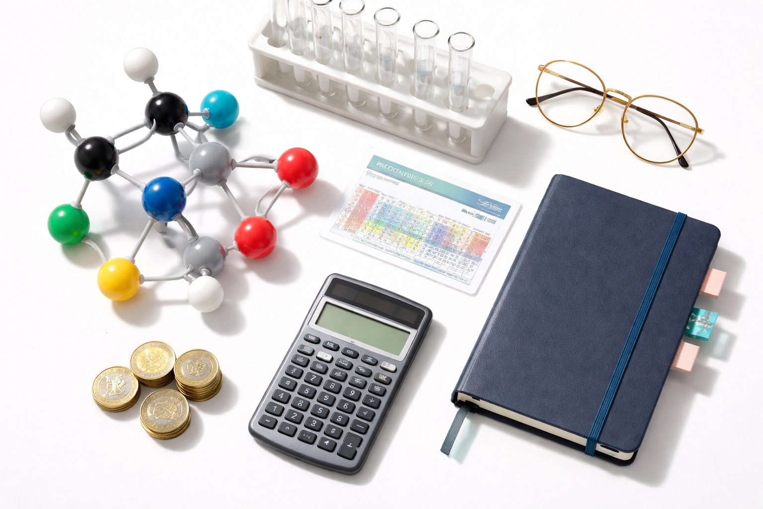 Flat-lay of chemistry tools, molecular models, pound coins, and notebooks symbolizing high-earning science careers.