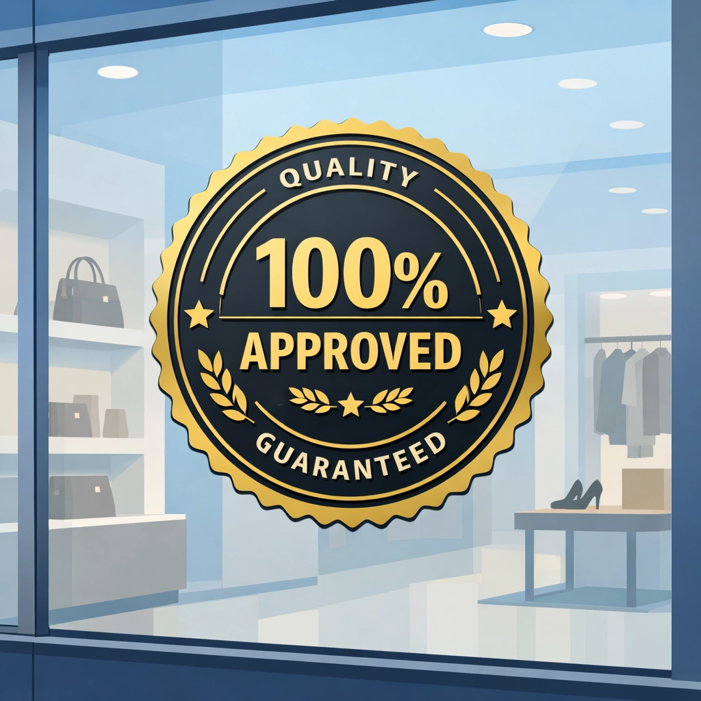 ACE 100% Approved seal displayed on luxury resale store window for authentication verification
