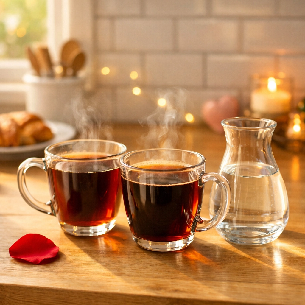 Fresh coffee and filtered water on Denver kitchen counter for Valentine's Day date night