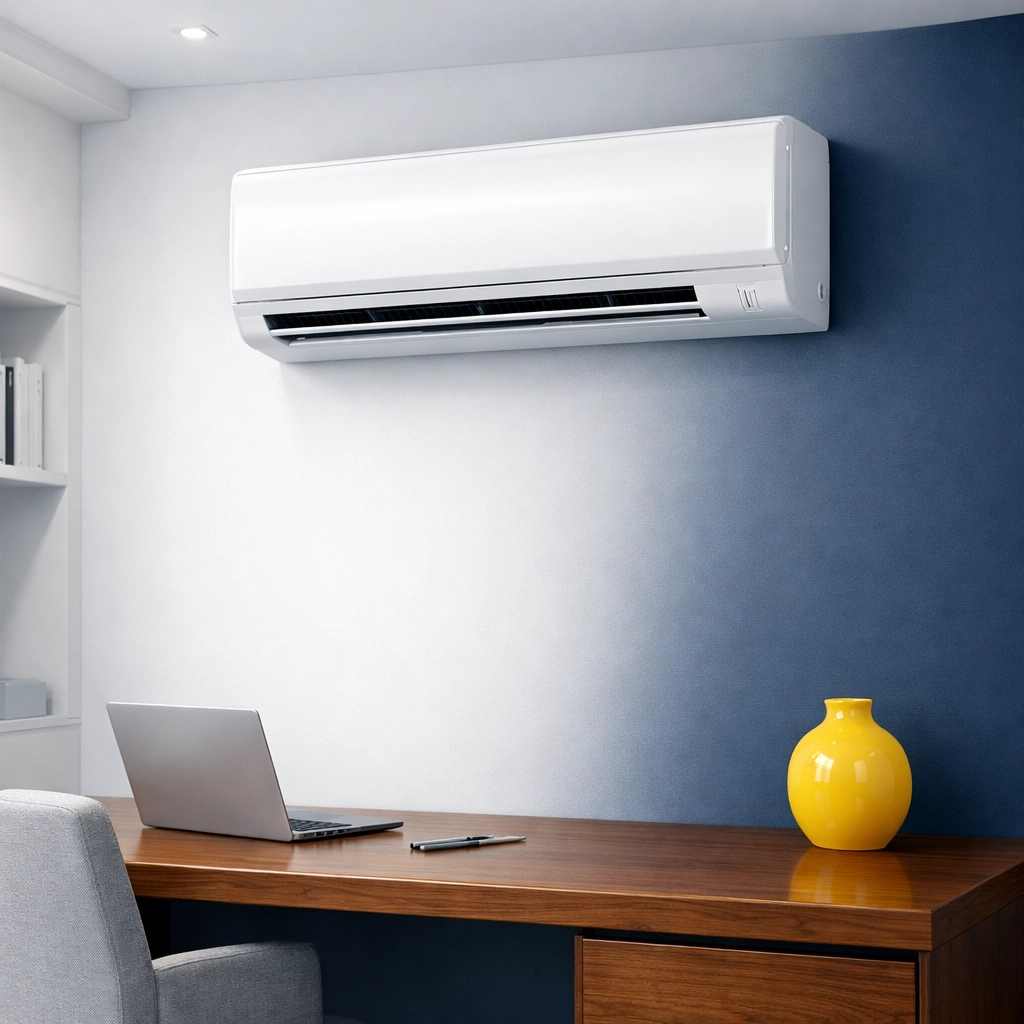 A dust-free home office in Lunenburg with a clean air conditioning unit for better indoor air quality.