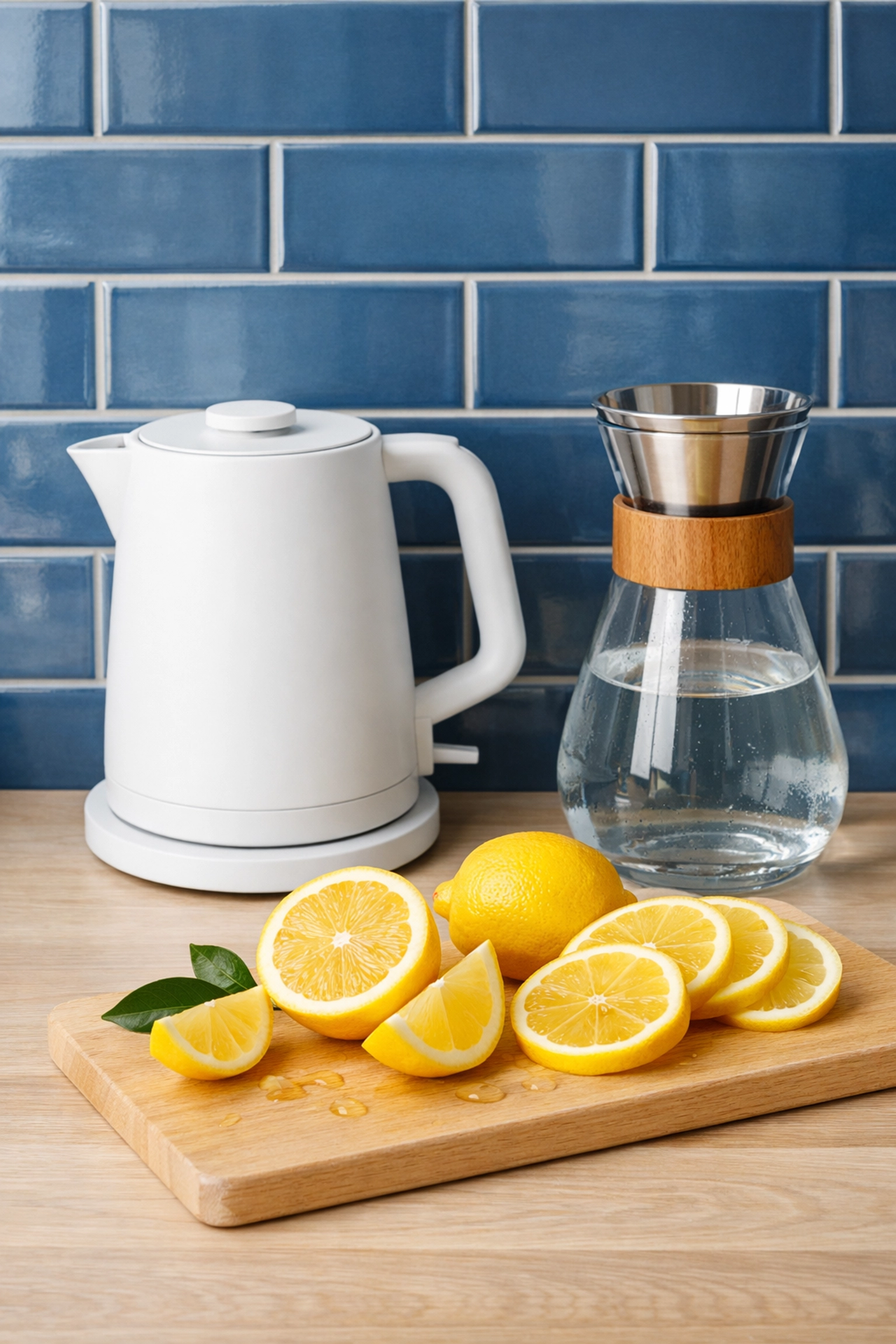 Fresh lemons and an electric kettle on a modern kitchen counter illustrating natural descaling cleaning tips.