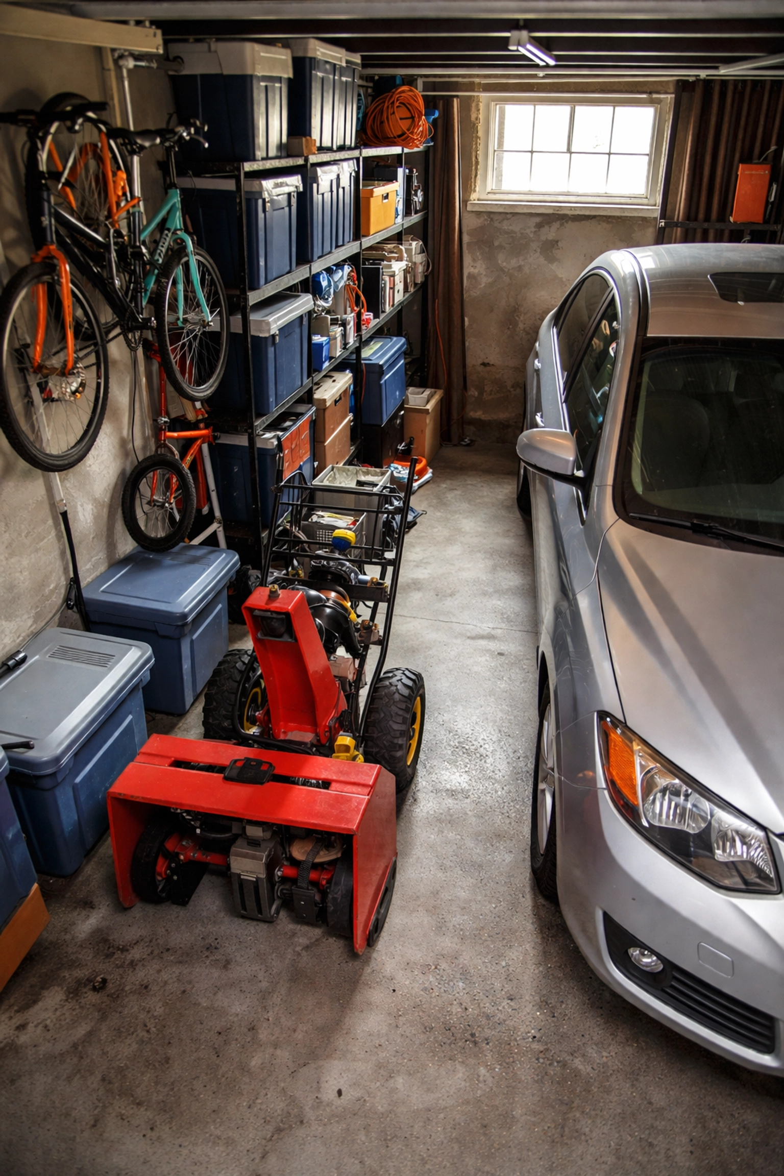 Overhead view of a cramped Boston garage crowded by a bulky red snow blower and household items