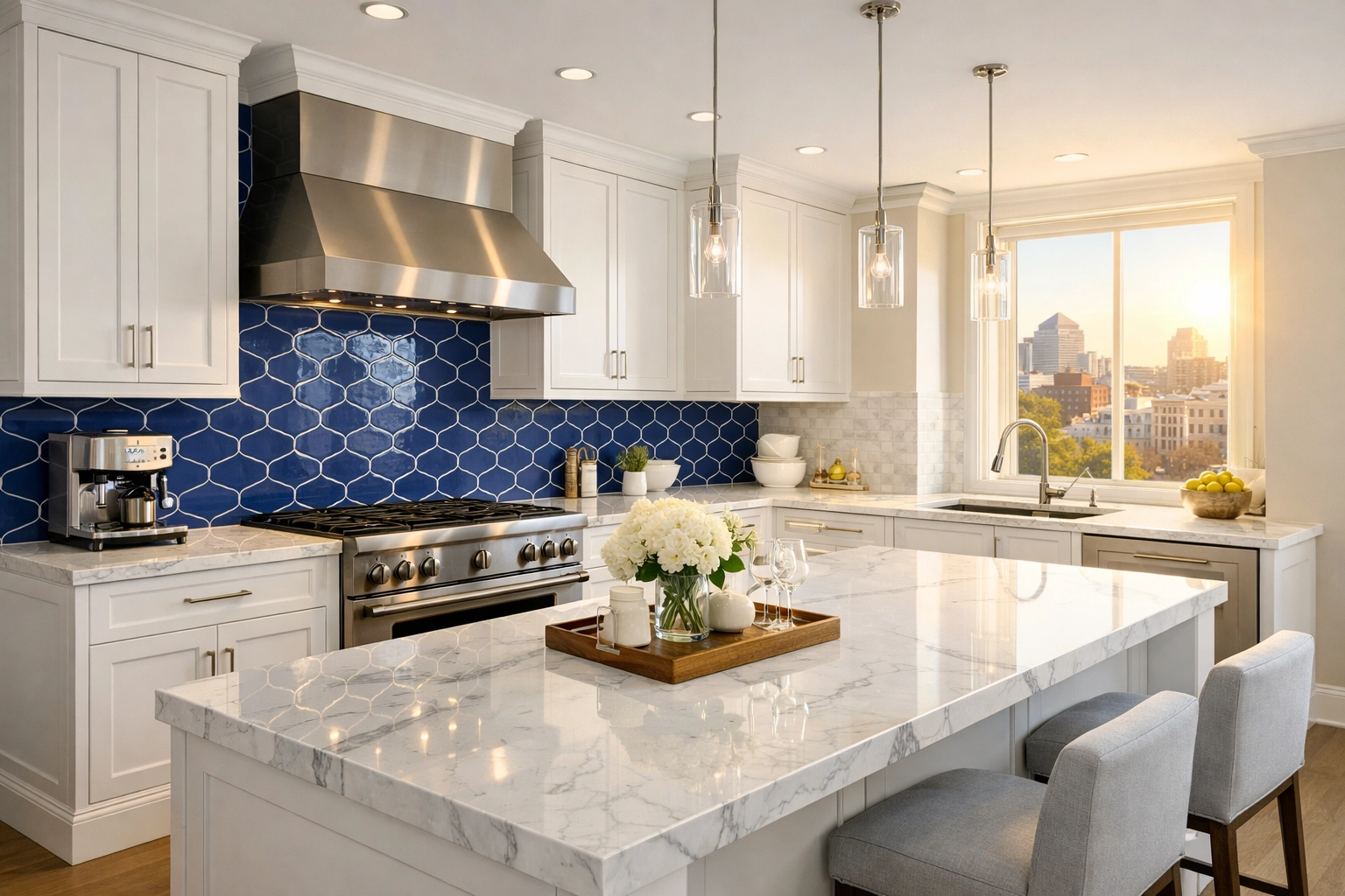 Spotless modern kitchen in a luxury Boston apartment after professional move-out cleaning.