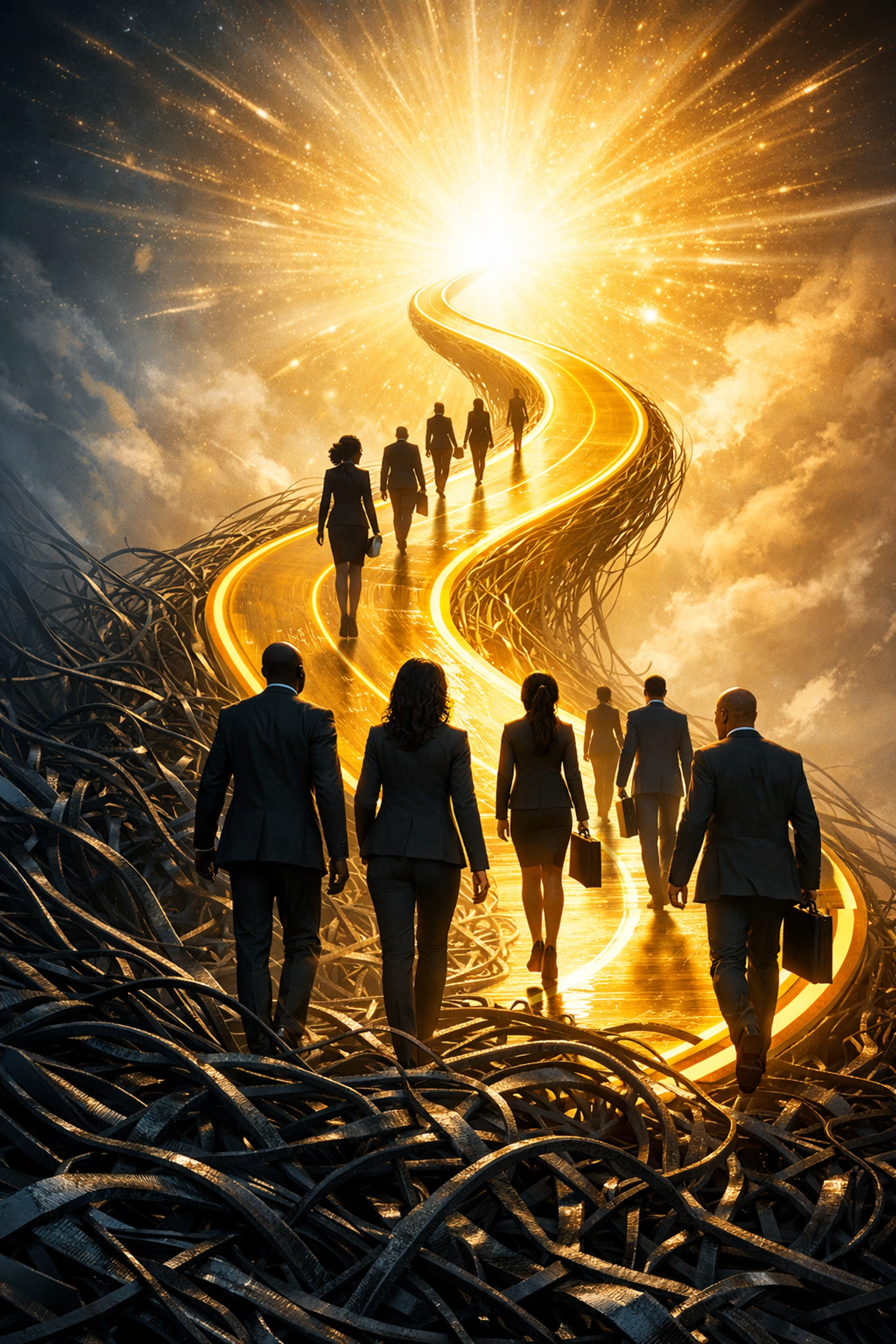 Diverse professionals on journey from chaos to clarity through Christian life coaching