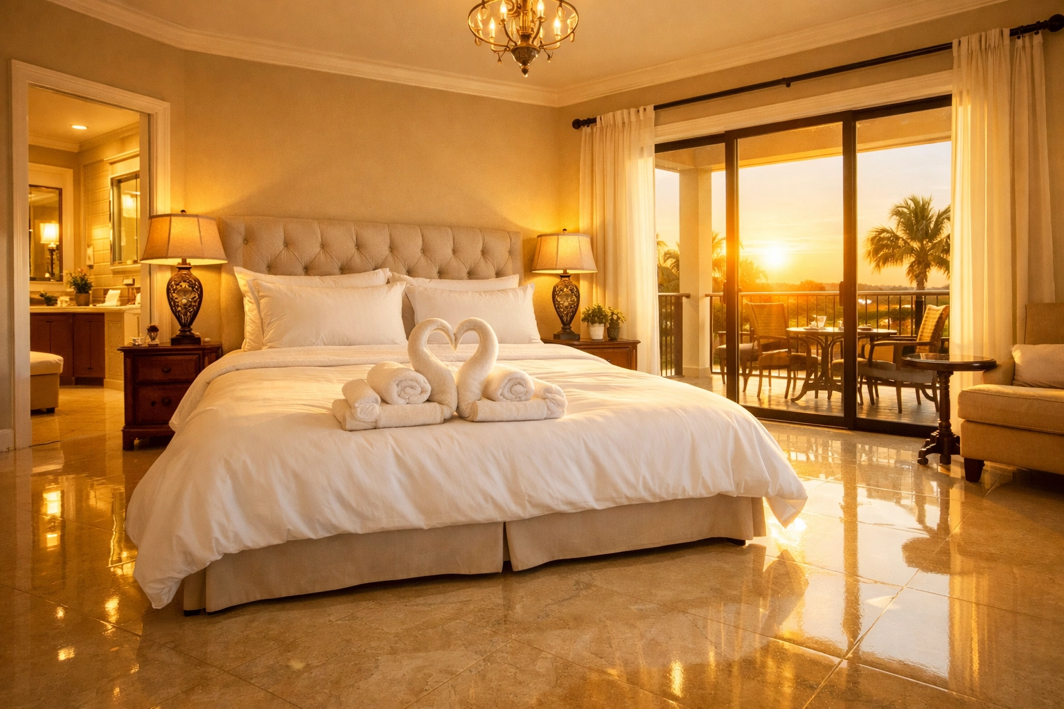 Stunning master suite with fresh white linens and folded towels in a professionally cleaned Kissimmee vacation rental.