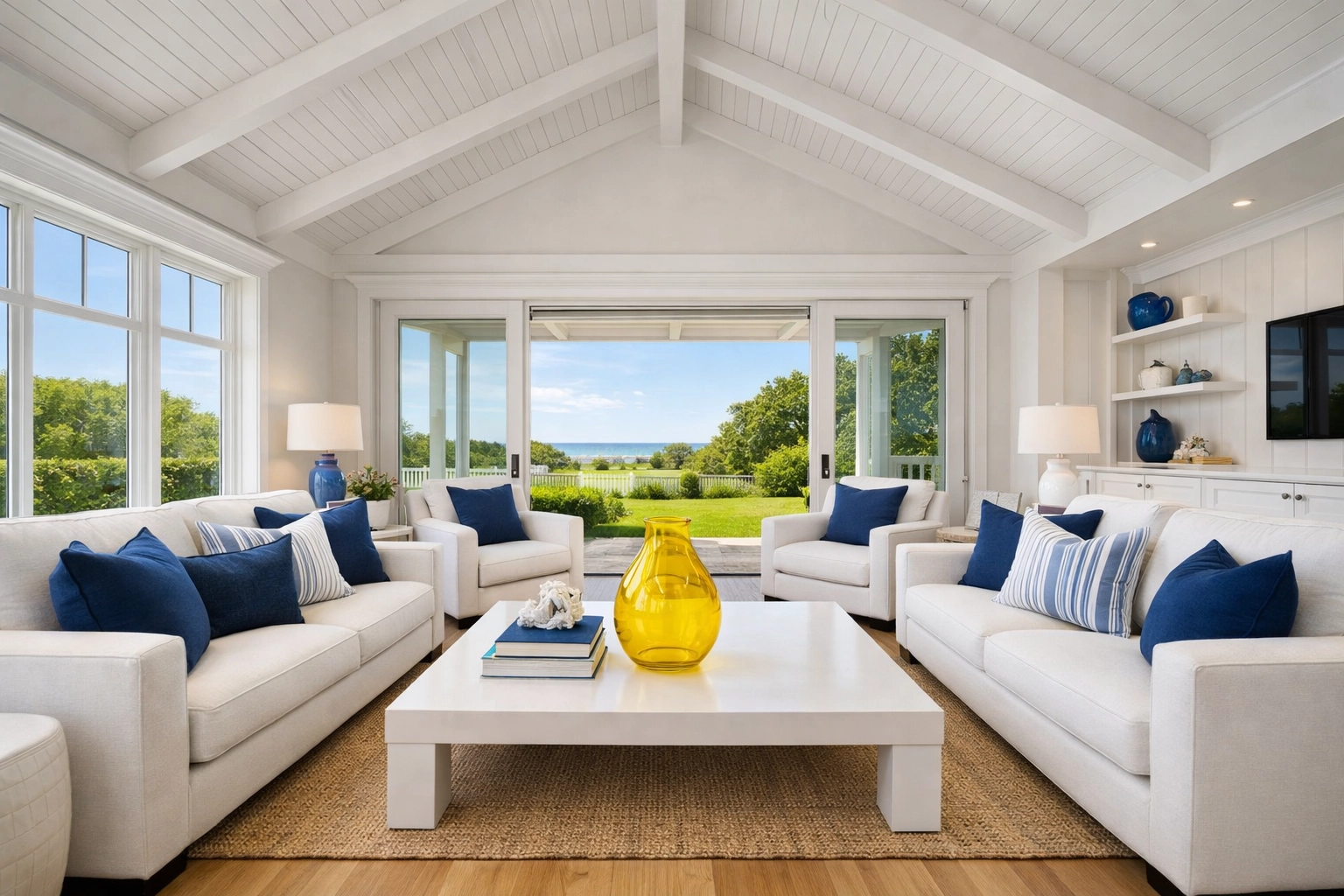 Impeccably clean coastal living room in Oak Bluffs featuring professional residential cleaning.