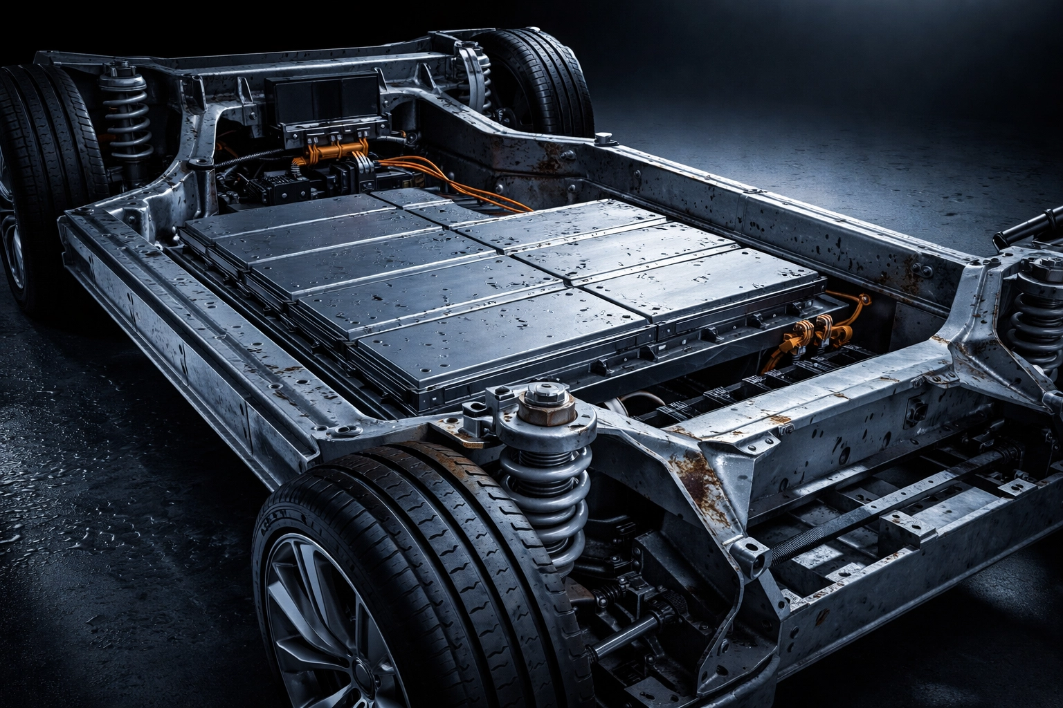 Close-up of electric vehicle undercarriage showing exposed metal parts with early signs of rust and moisture