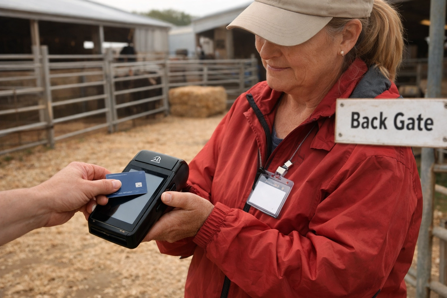 A volunteer uses a mobile POS system for tap-to-pay gate admissions at an agricultural fairground.