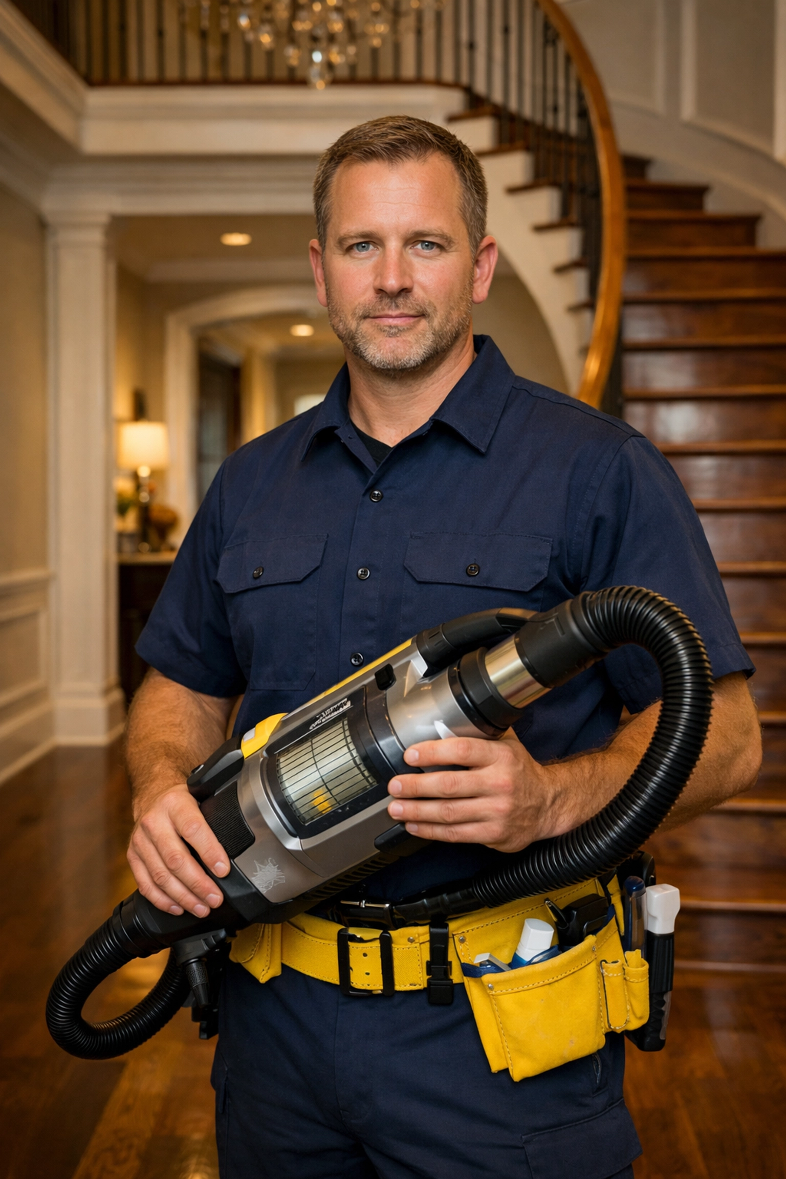 Professional specialist providing house cleaning services MA using advanced HEPA equipment in a luxury foyer.