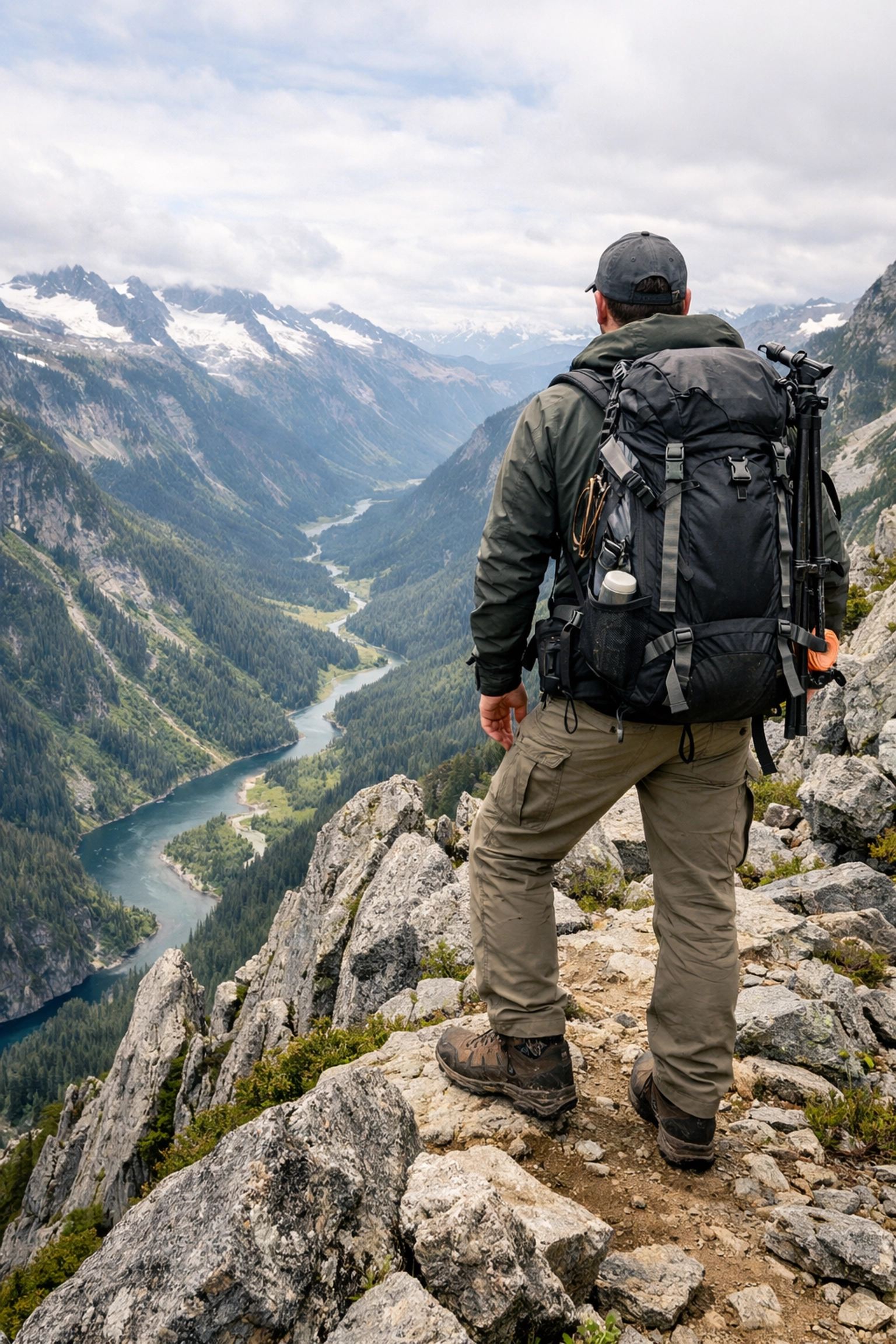 Photographer hiking on a scenic ridge to reach the best photography locations in the Pacific Northwest.
