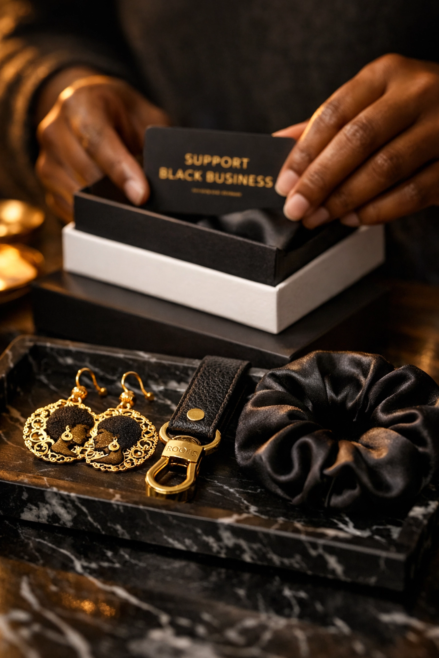A collection of premium Black-owned jewelry and accessories displayed as a symbol of community investment.