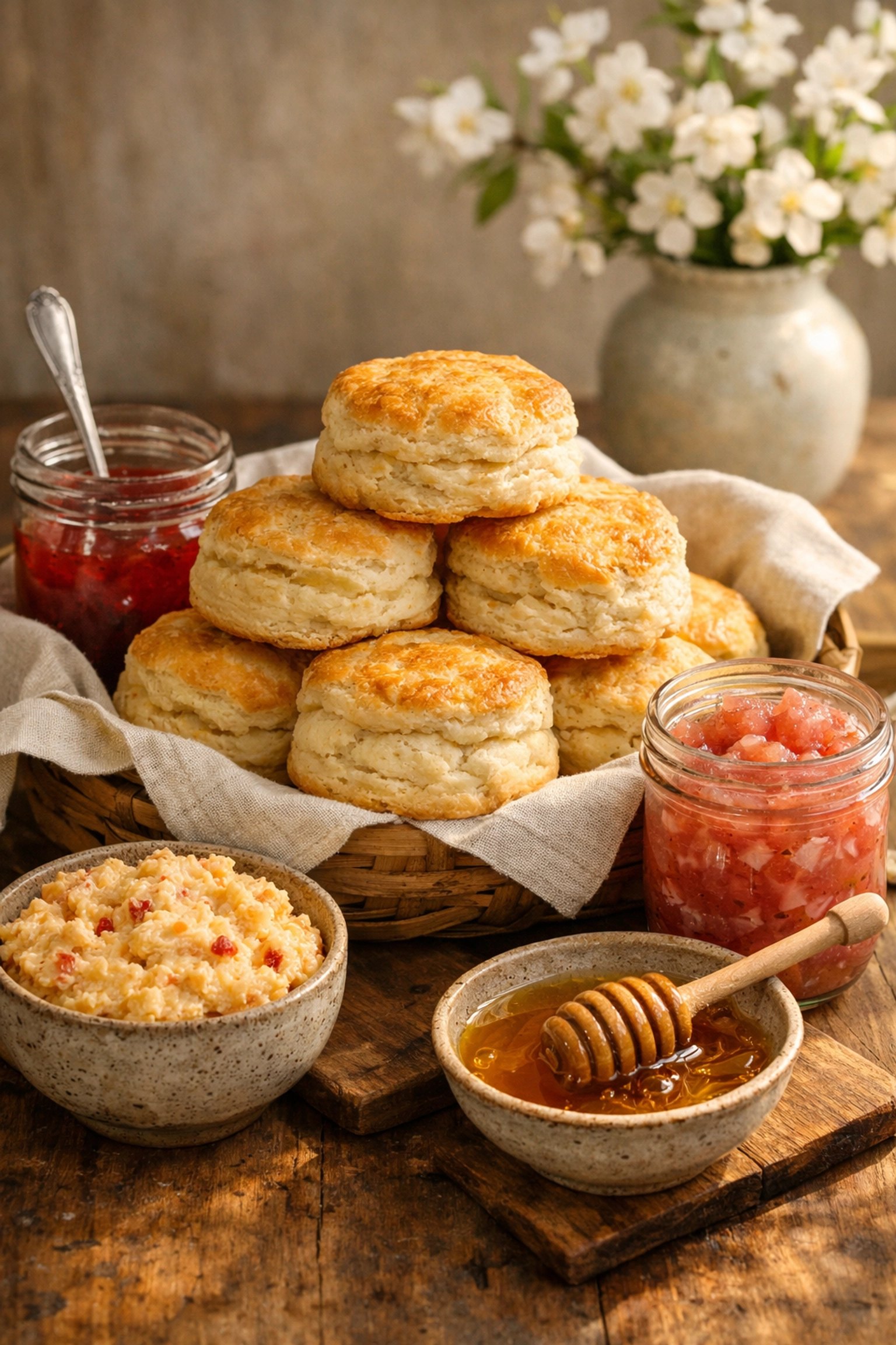 Buttermilk biscuit bar with seasonal jams and pimento cheese for creative southern food catering.