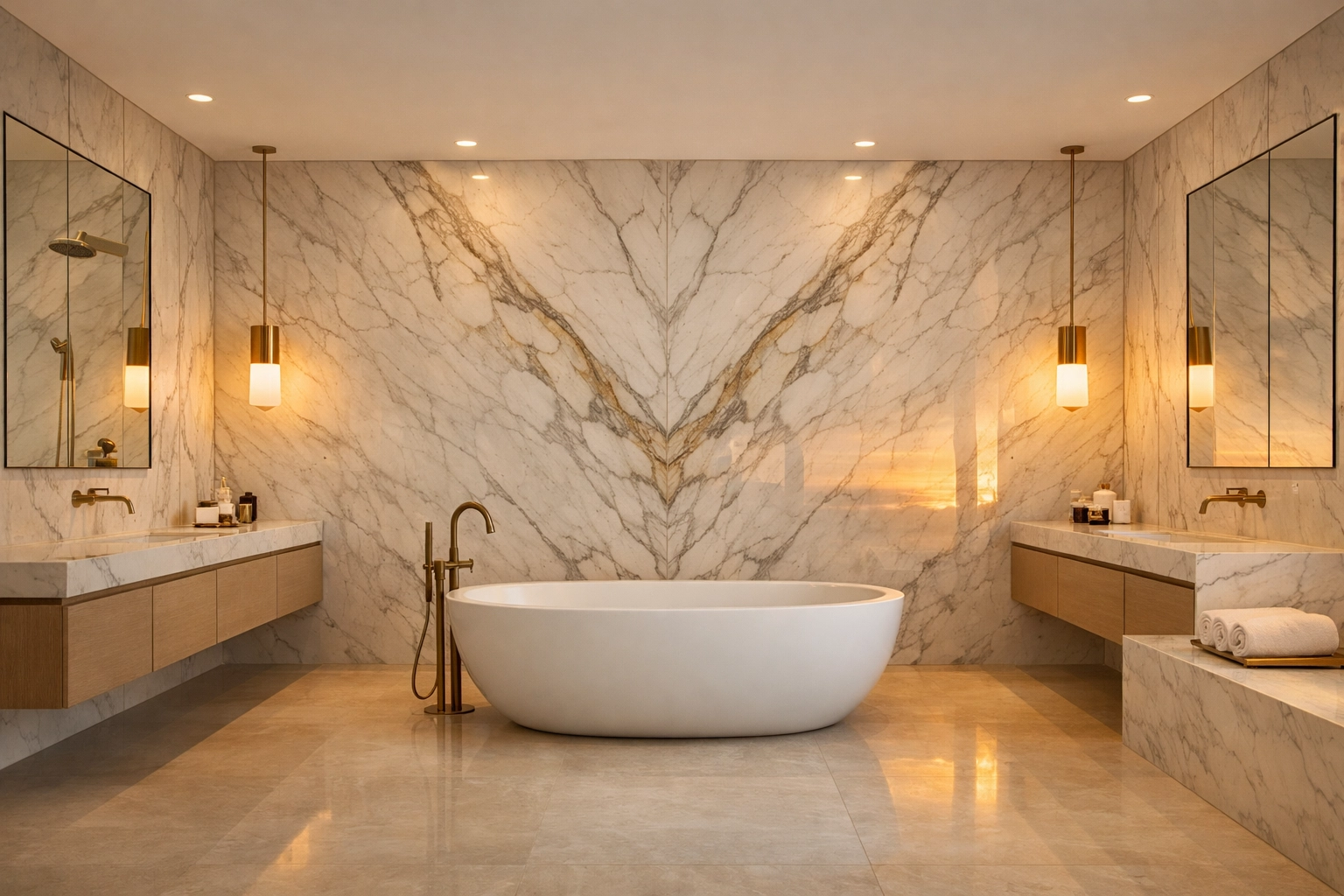 Modern luxury bathroom with marble walls, highlighting elite property protection and white-glove insurance services.