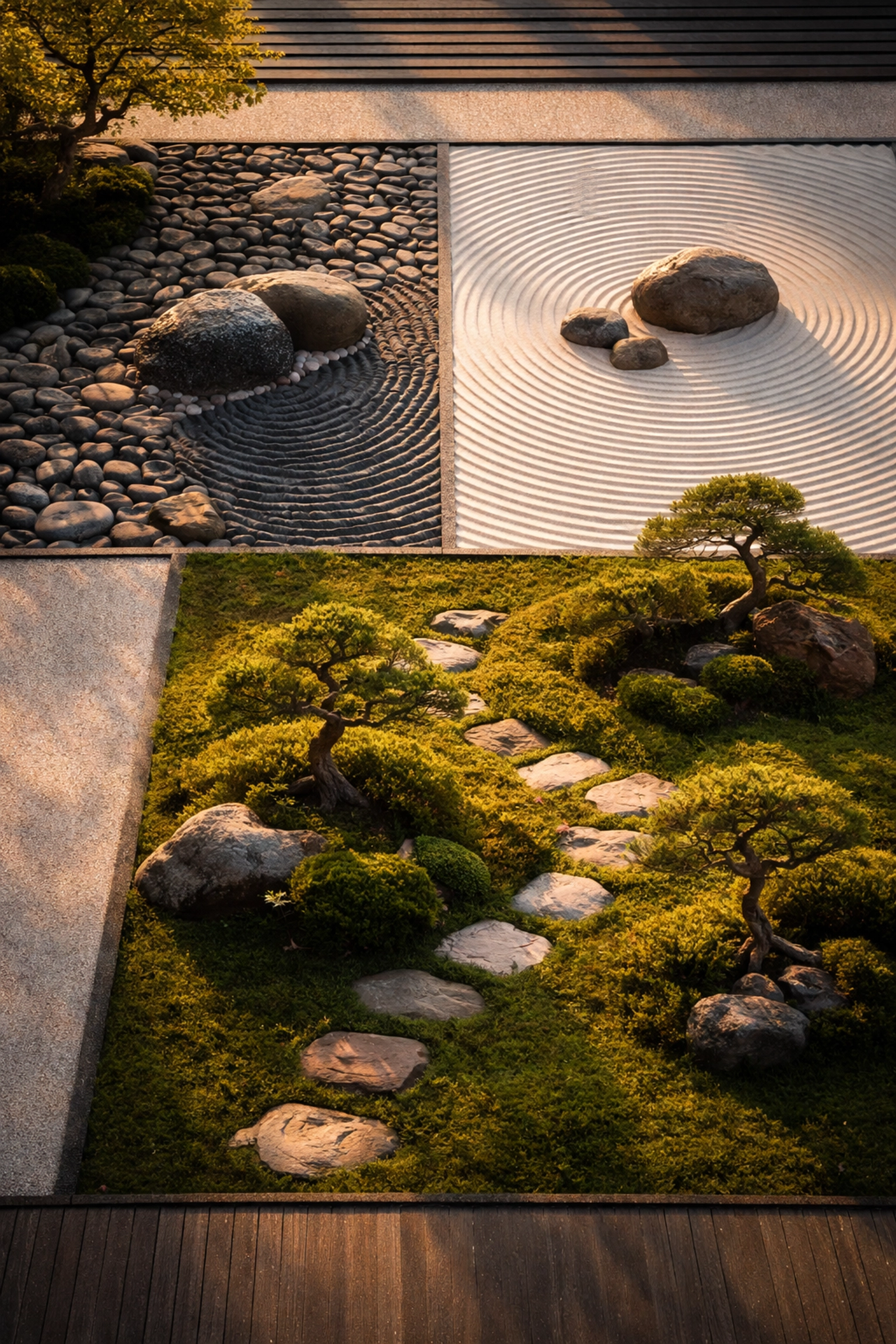 Balanced zen garden symbolizes 40/30/30 portfolio diversification with equities, fixed income, and alternative investments.