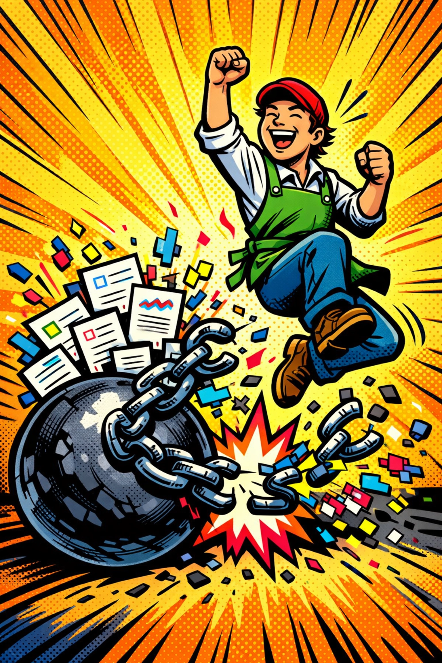 Small business owner breaking free from manual paperwork using business automation tools.