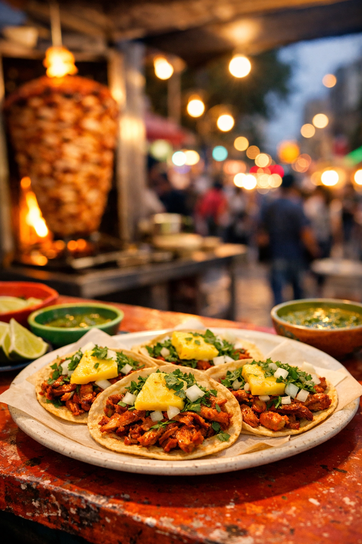 Authentic Al Pastor tacos with pineapple at a street stall, a must-try for best cheap eats in Mexico City.