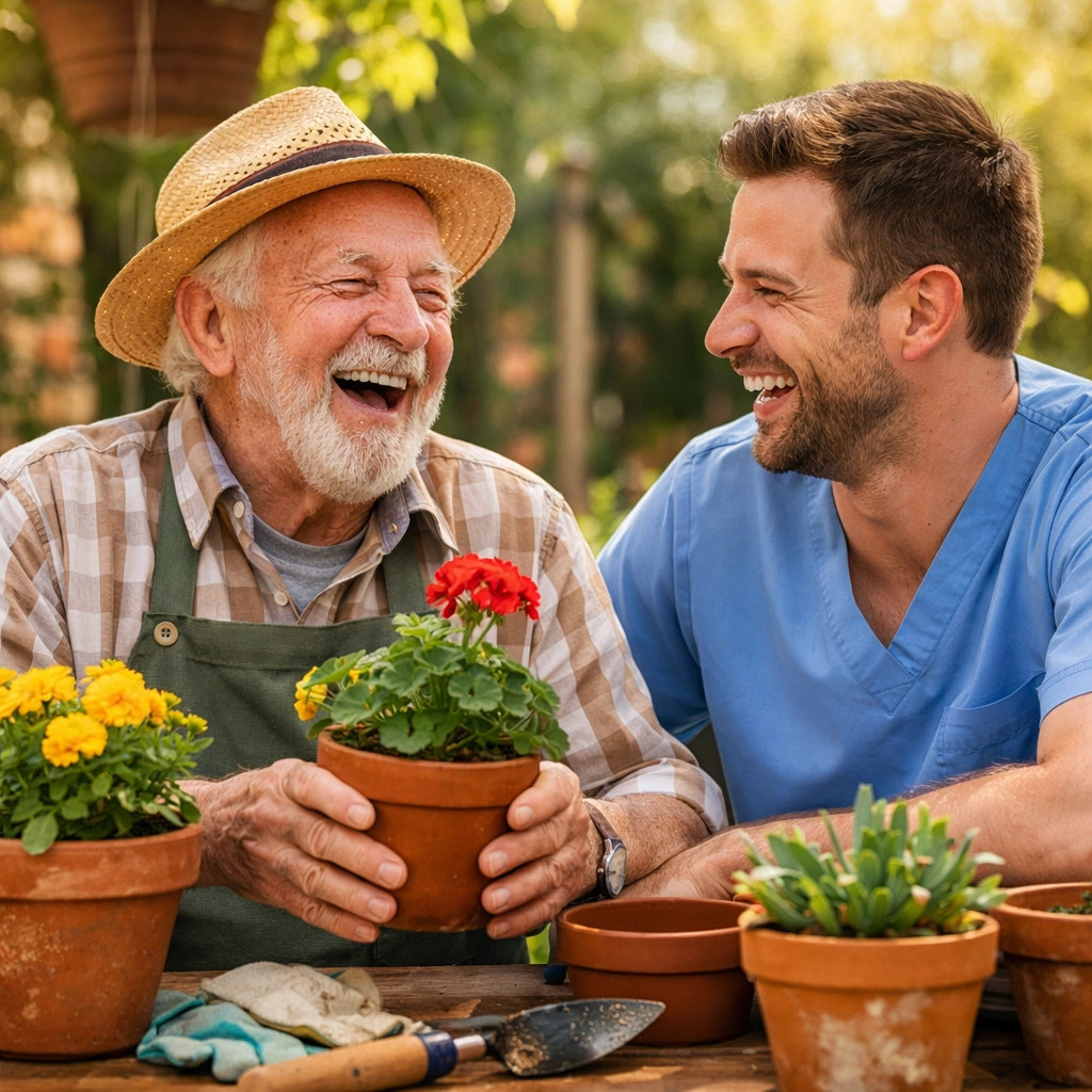 Elderly man and caregiver enjoying companionship care in Southampton garden