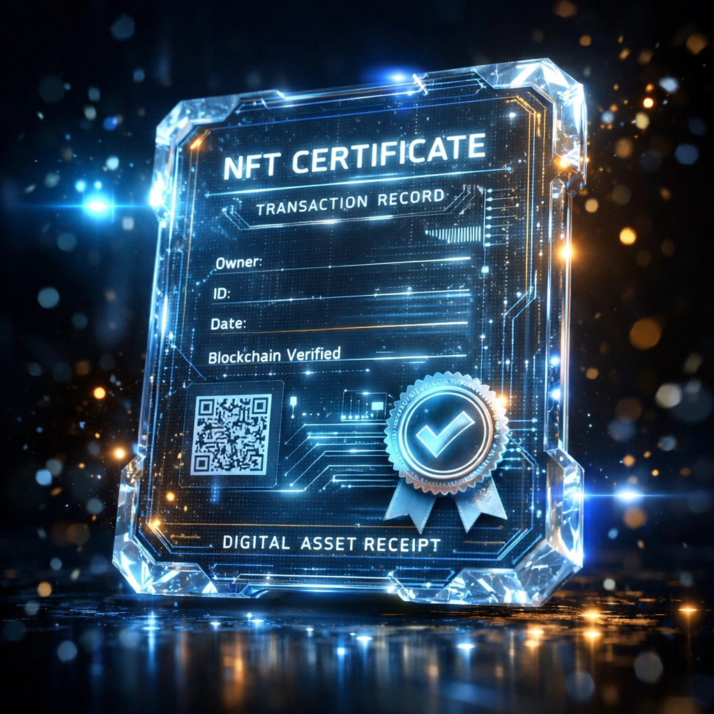 Digital NFT receipt showing secure blockchain data for transparent Web3 business accounting and global payments.