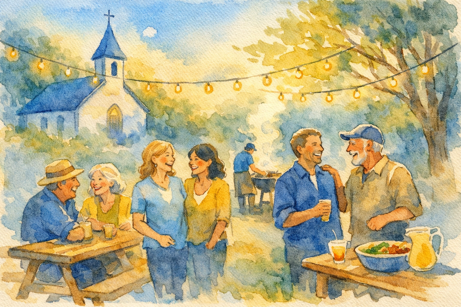 Joyful outdoor church cookout gathering for volunteer appreciation with small groups connecting