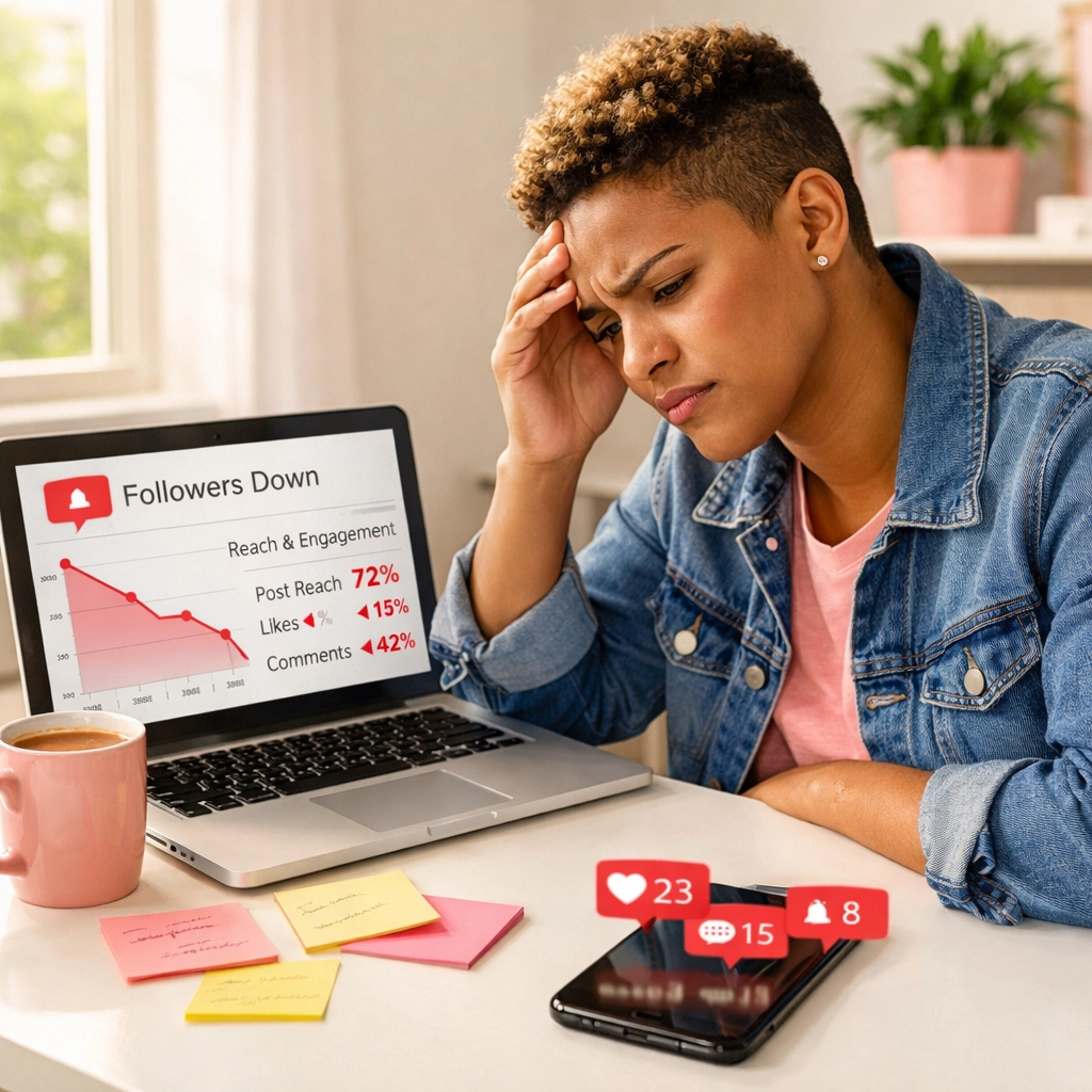 Small business owner reviewing Facebook lead generation analytics on laptop at desk