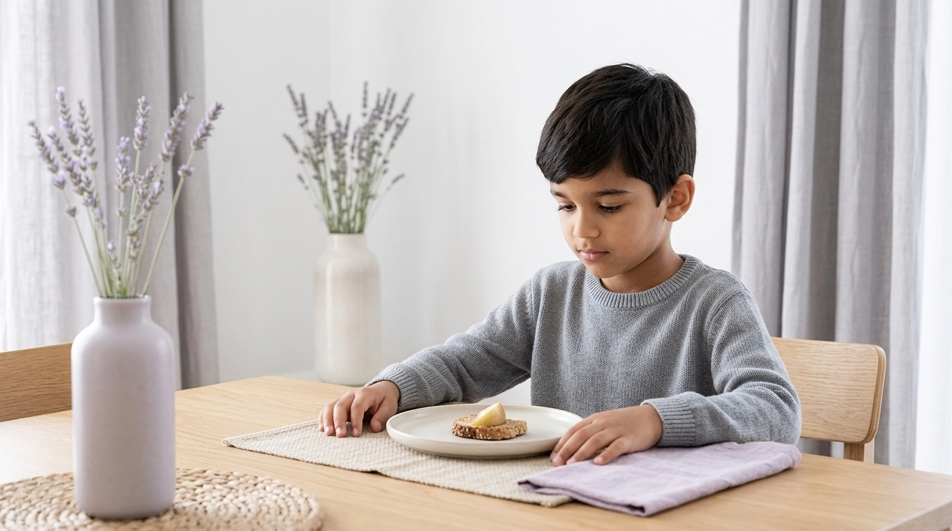 A child sitting at a dining table in soft, natural light, reflecting a calm and contemplative atmosphere.