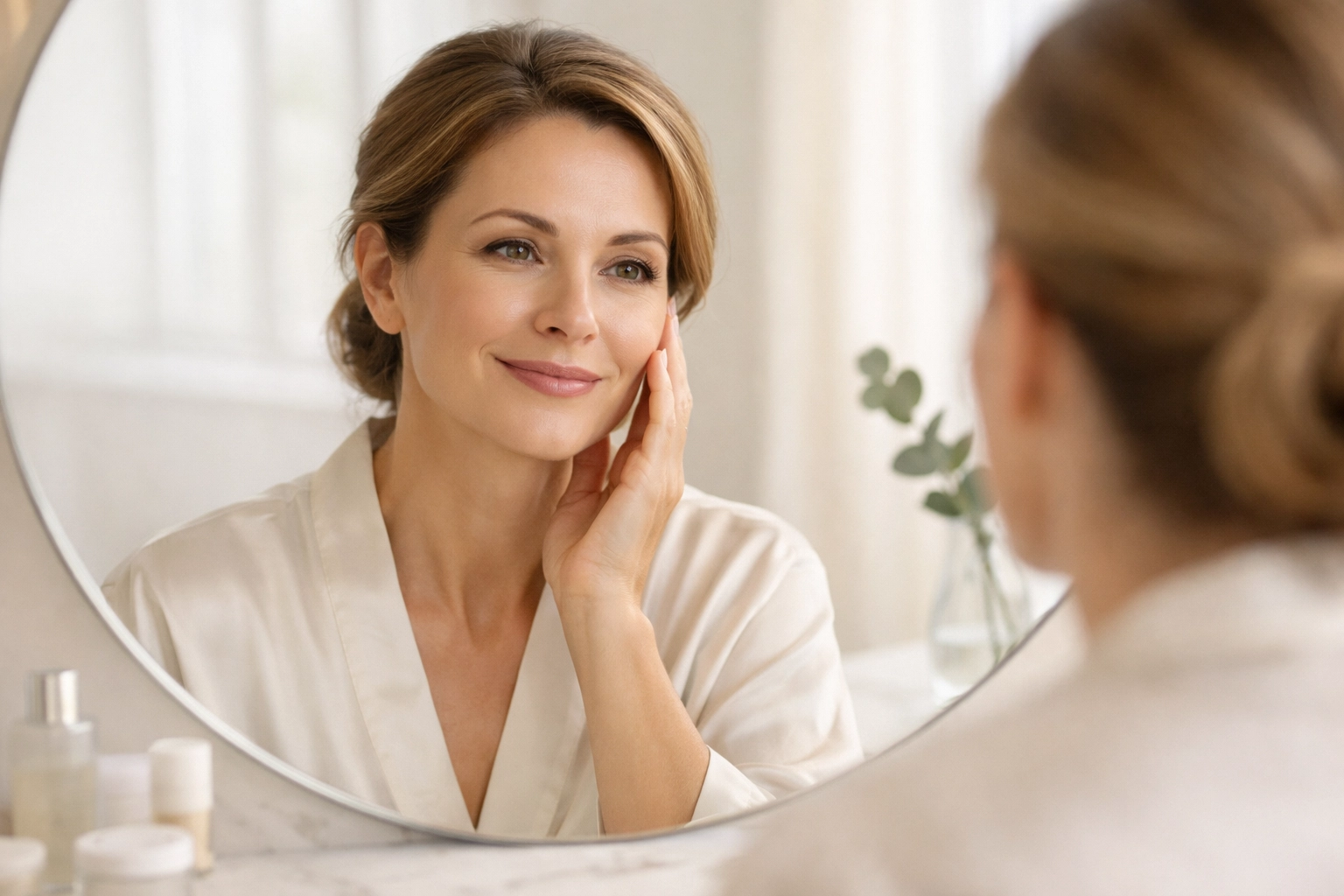 A woman with radiant skin after a non-surgical facelift with Sculptra at a St Paul med spa.