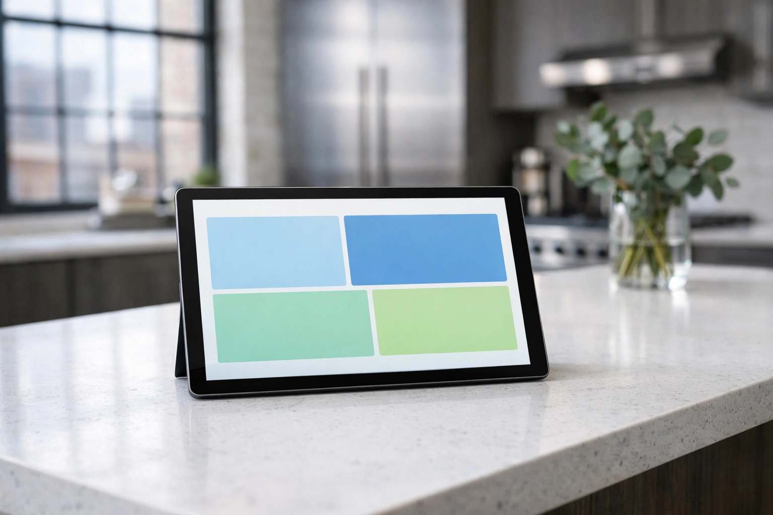 Digital cleaning schedule on a tablet in a modern Detroit loft kitchen for property managers.