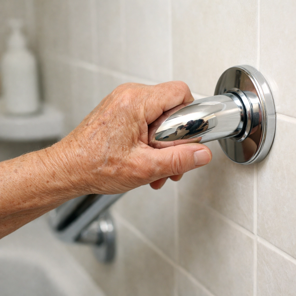 Senior hand gripping bathroom grab bar for fall prevention and safety