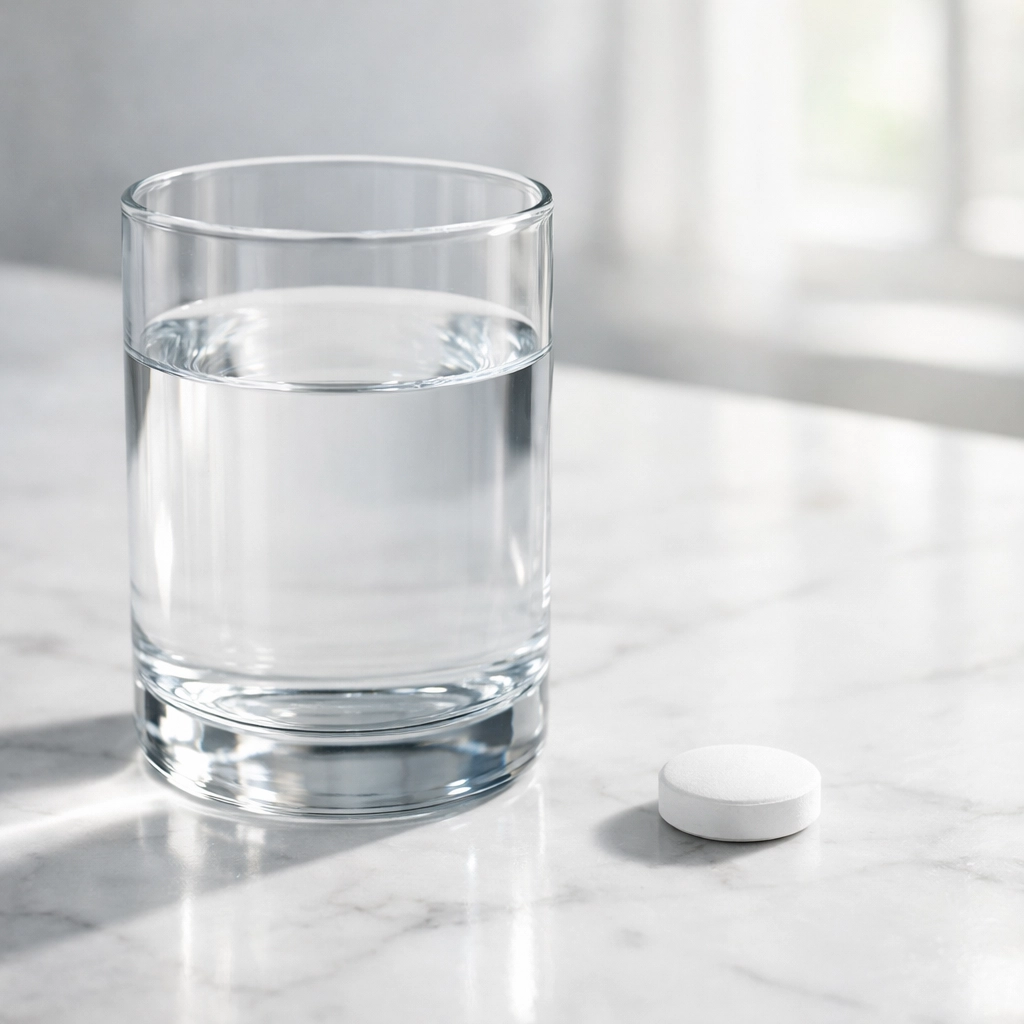 A glass of water and a weight loss pill on a counter, representing oral alternatives to injectable medications.
