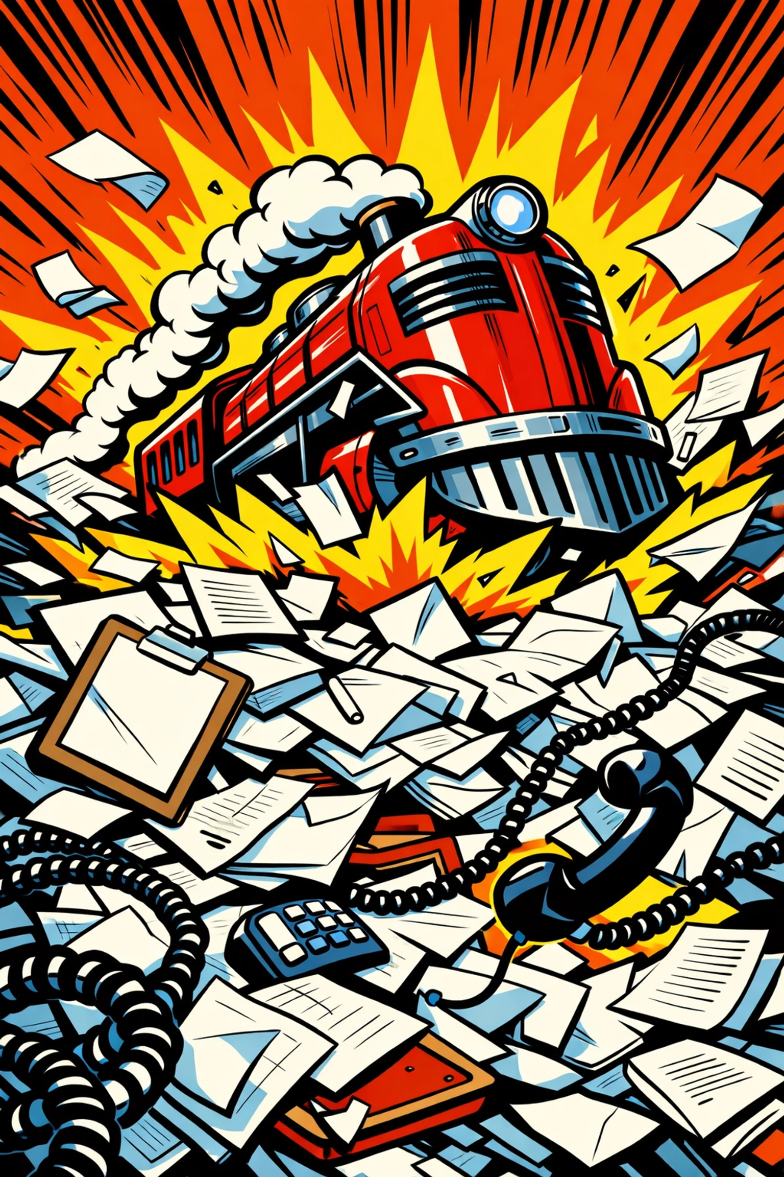 Illustration of a train crashing through paperwork, representing failed workflow automation for small business.
