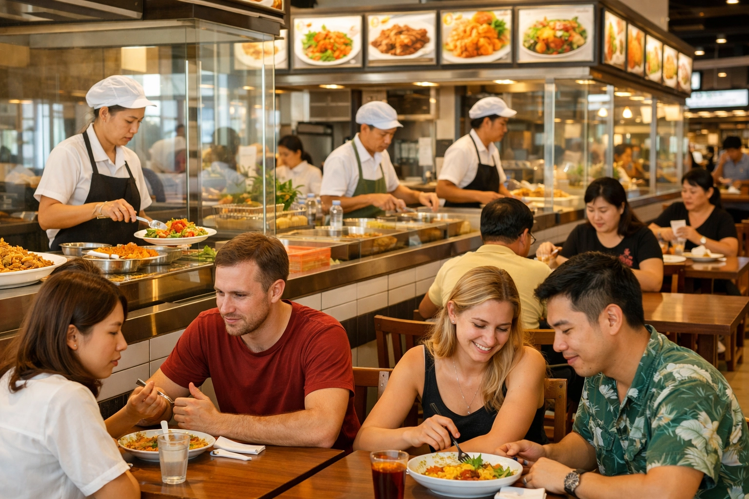 The Ultimate Guide to Bangkok Budget Travel Food: Everything You Need to Eat Like a Local 4 Travelers dining at the Terminal 21 food court, a clean and safe spot for cheap eats in Bangkok.