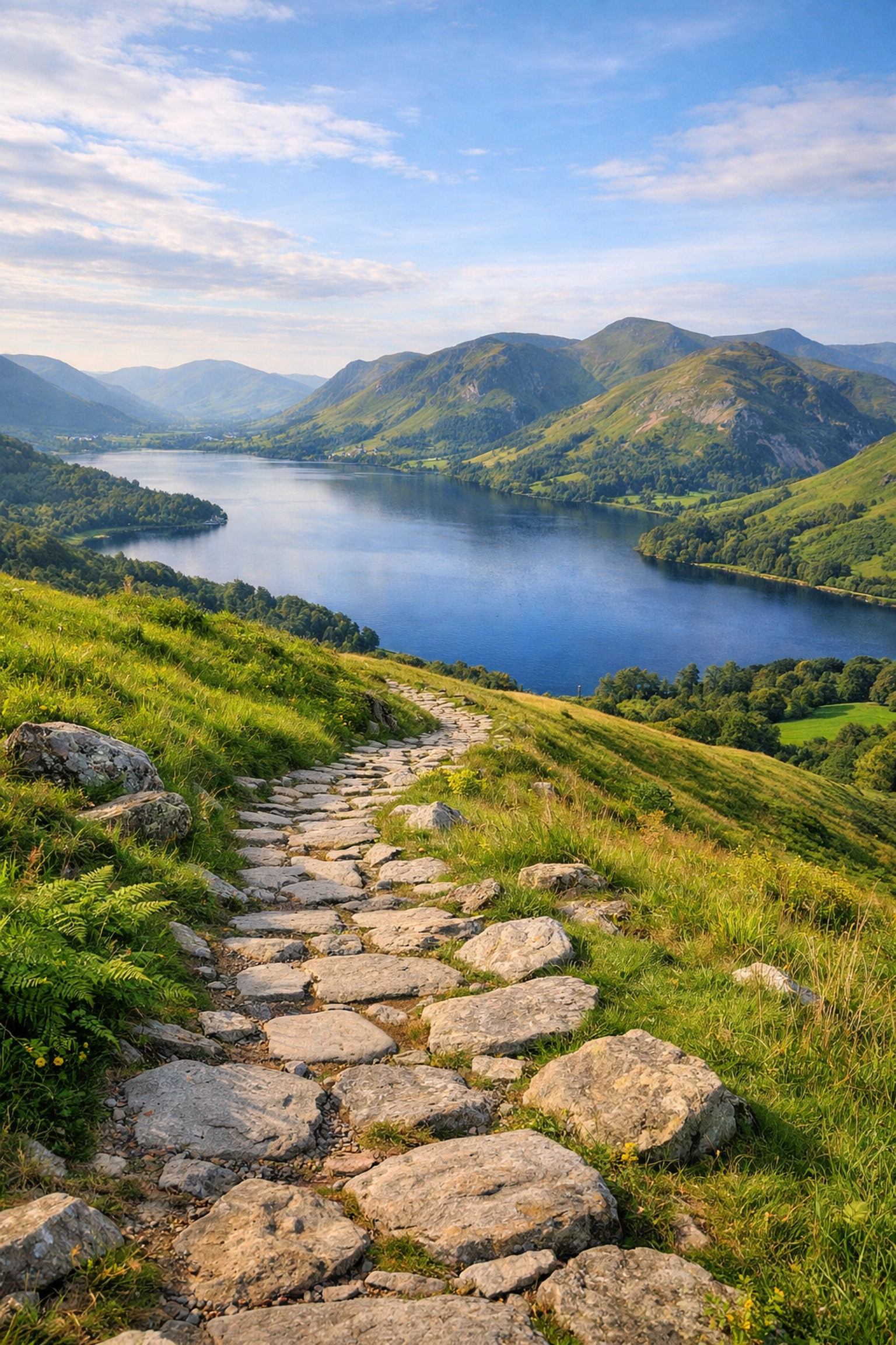 A stone hiking path overlooking green fells and blue water in the Lake District UK.