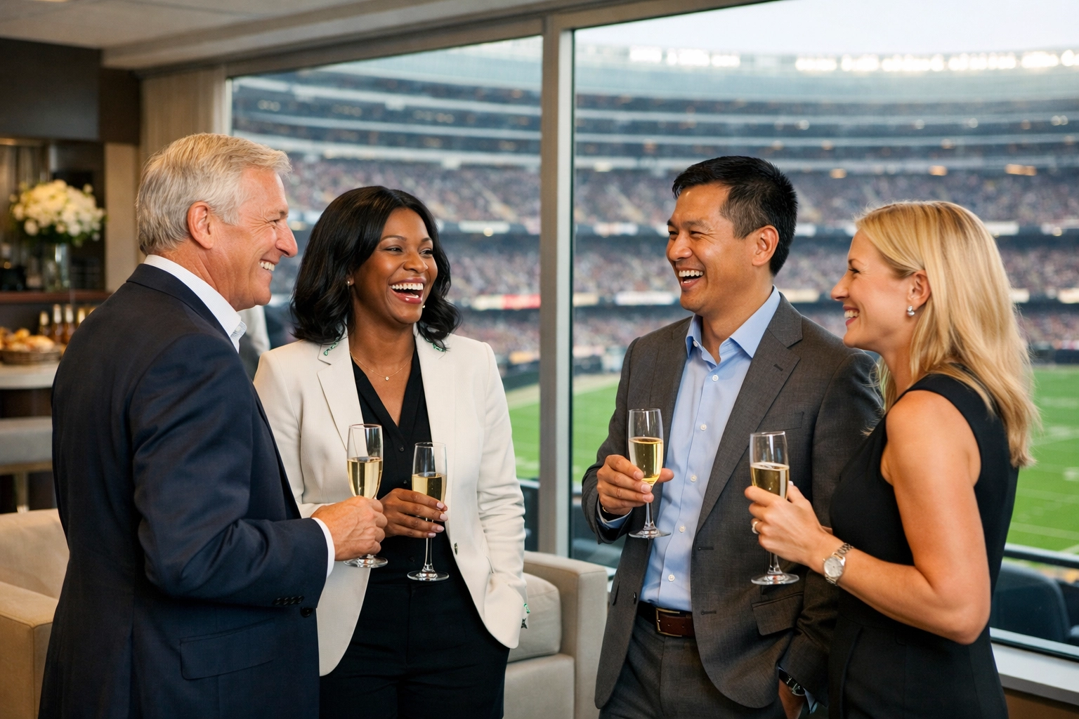 Executives networking in a luxury corporate hospitality suite overlooking a stadium to maximize brand ROI.