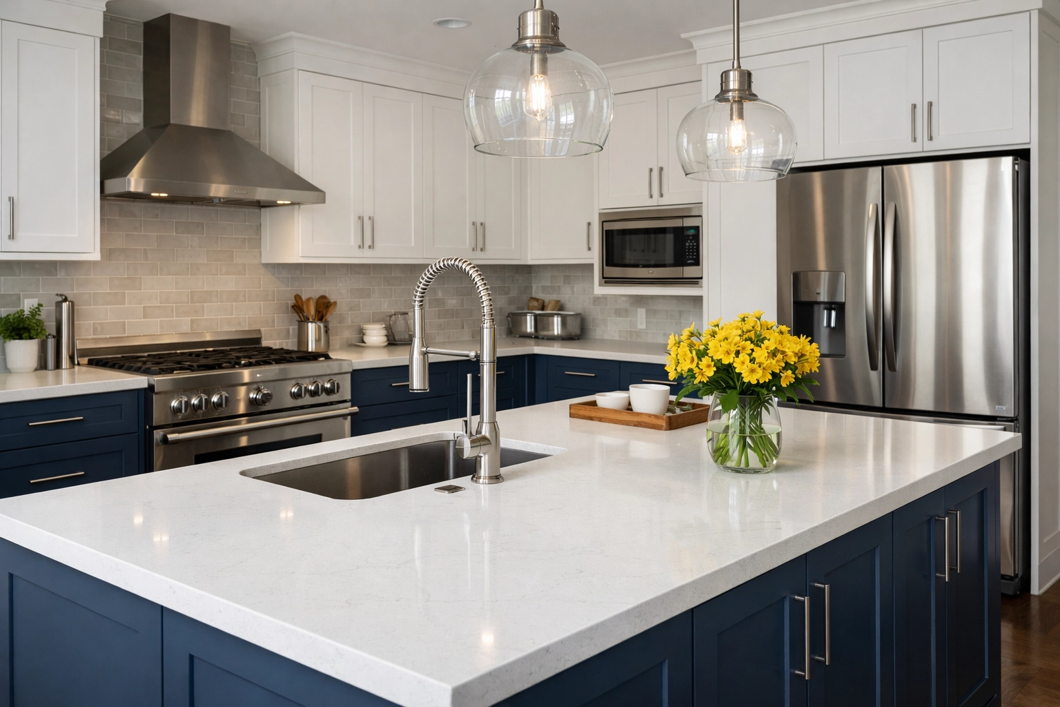 House cleaning results - sparkling modern kitchen with navy cabinets, crisp white counters, and subtle yellow accents