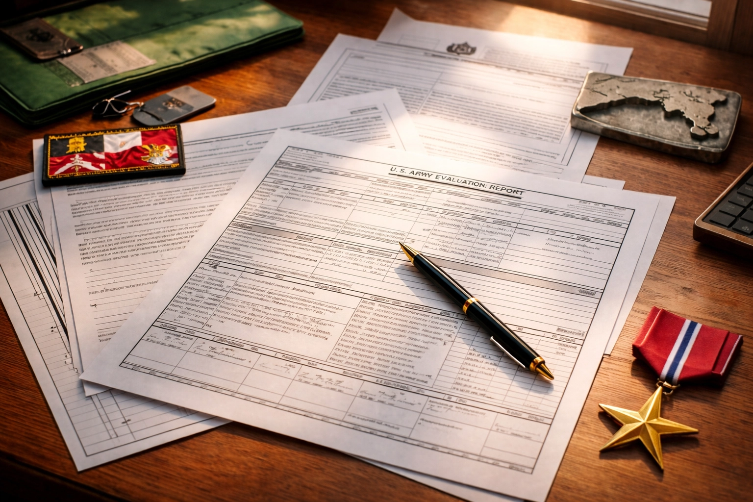 Military paperwork and a Bronze Star medal on a desk, illustrating the Wes Moore Bronze Star controversy