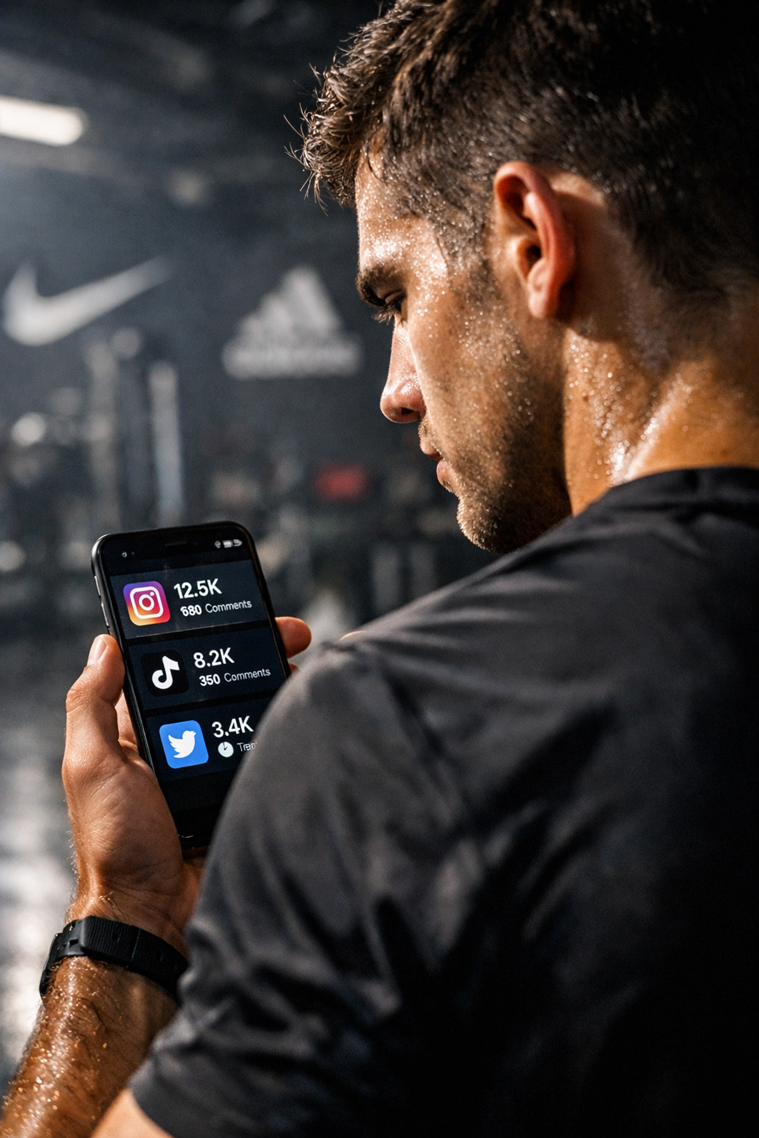 Professional athlete checking social media engagement metrics for NIL partnership campaign
