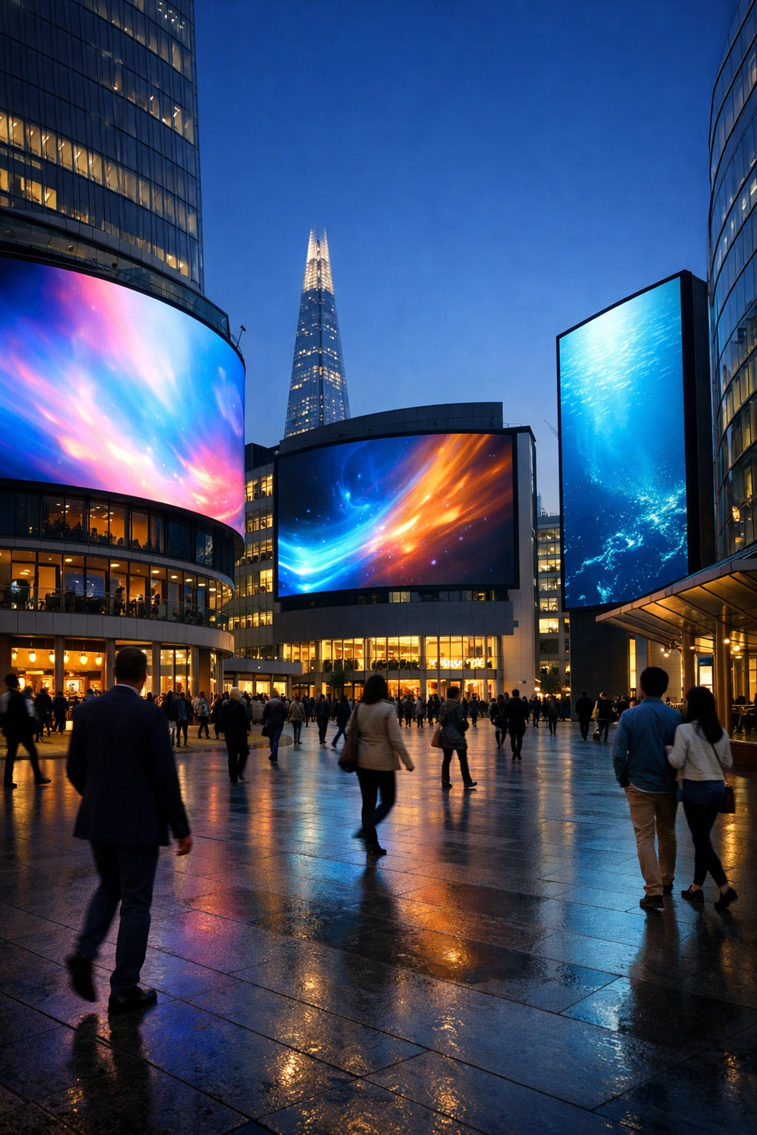 Massive digital signage screens in an urban city center for global media placement and advertising campaigns.