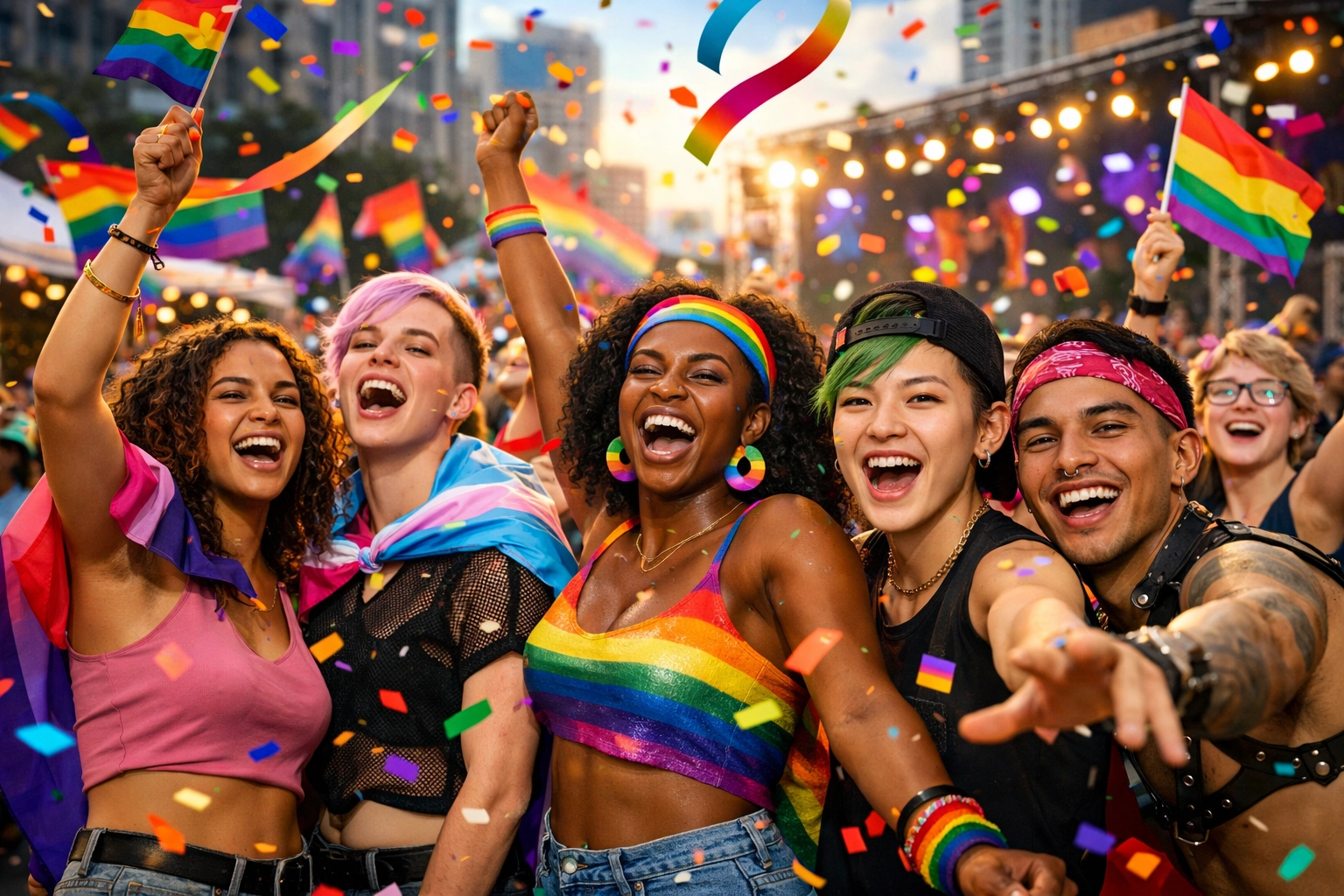 Diverse LGBTQ+ community celebrating at pride event with rainbow colors and joyful expressions