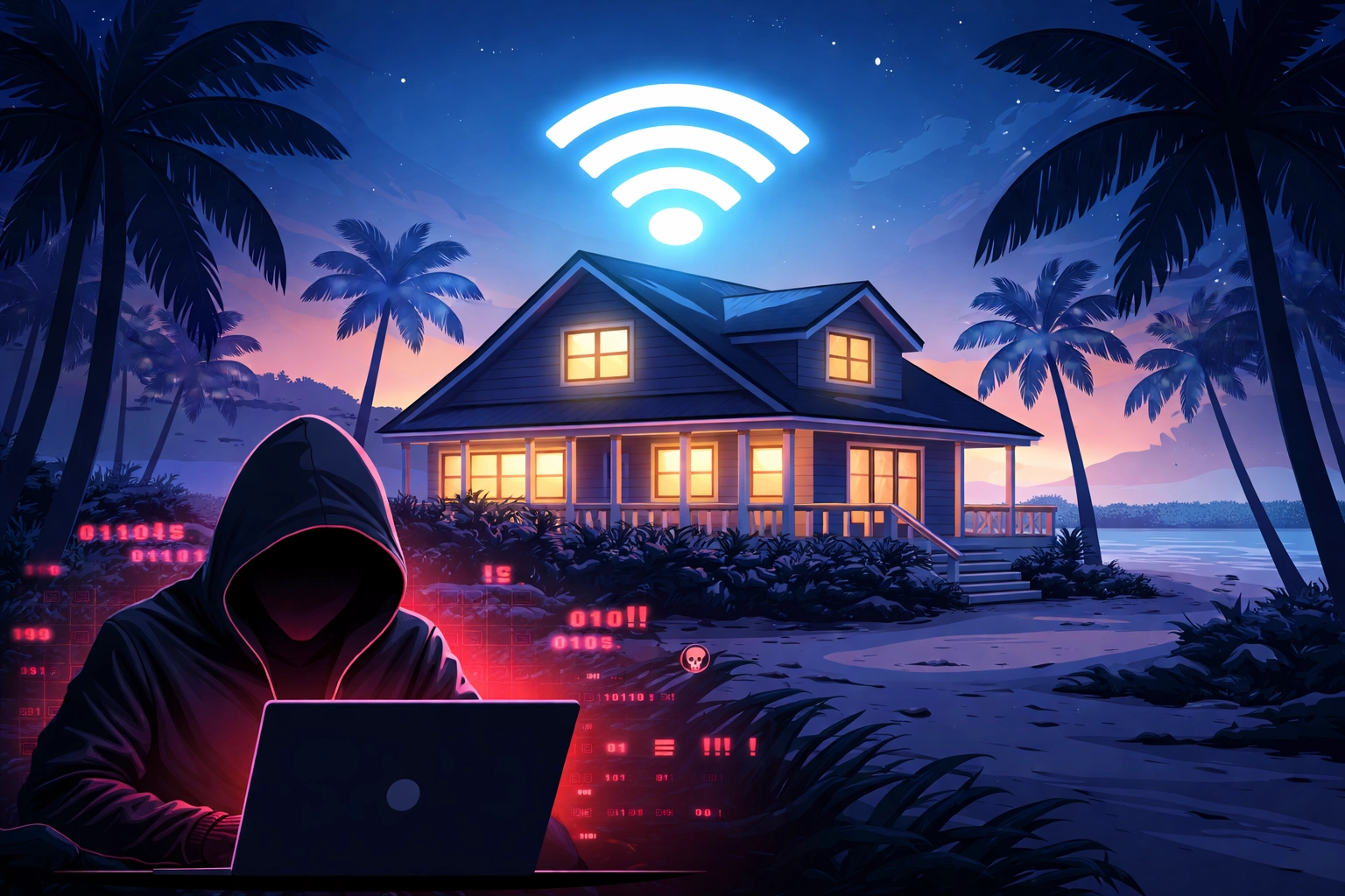 Illustration of a Nokomis beach house at dusk highlighting cybersecurity threats to vacant seasonal homes.