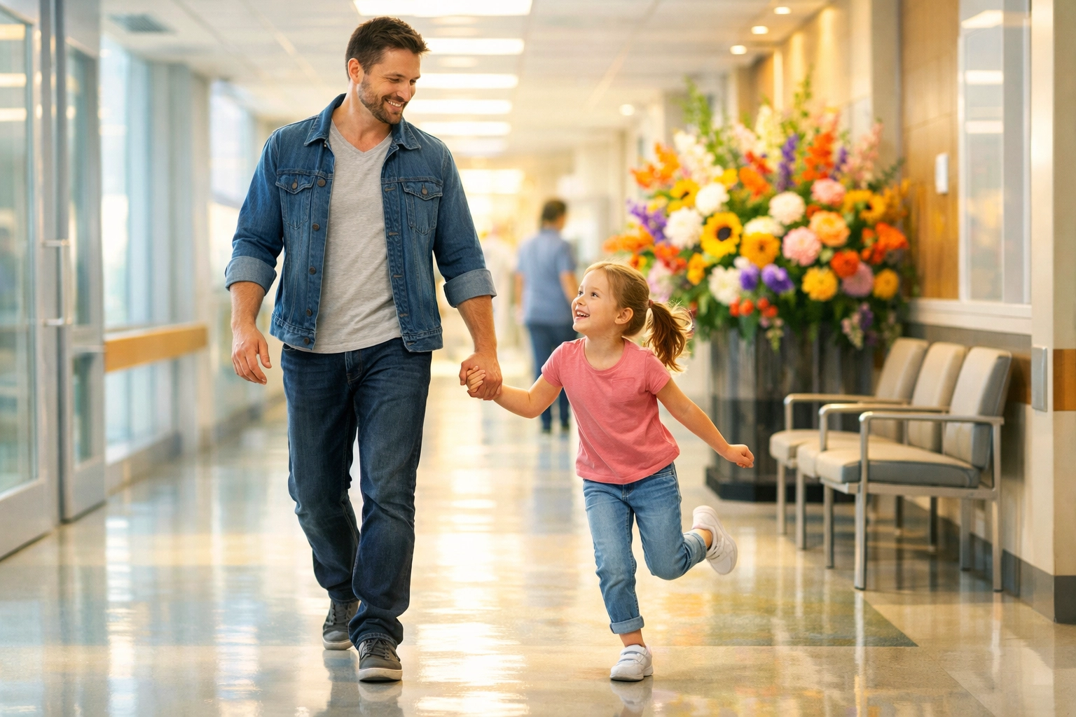 Father and daughter walking in a hospital hallway, reflecting divine healing from First Assembly Memphis.